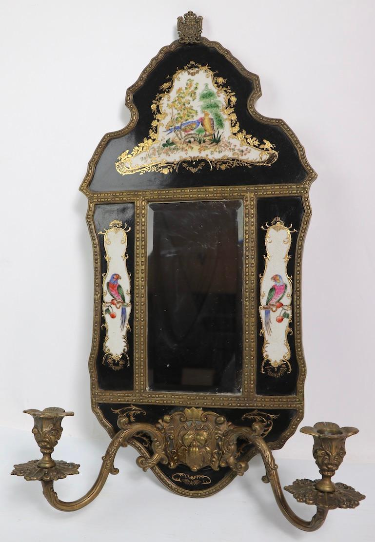 Pr. Brass Chinoiserie and Porcelain Mirrored Sconces Marked William Lowe In Fair Condition In New York, NY
