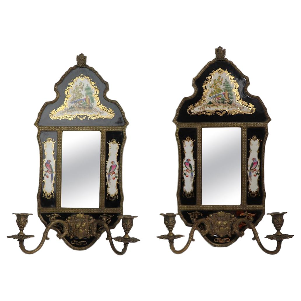 Pr. Brass Chinoiserie and Porcelain Mirrored Sconces Marked William Lowe