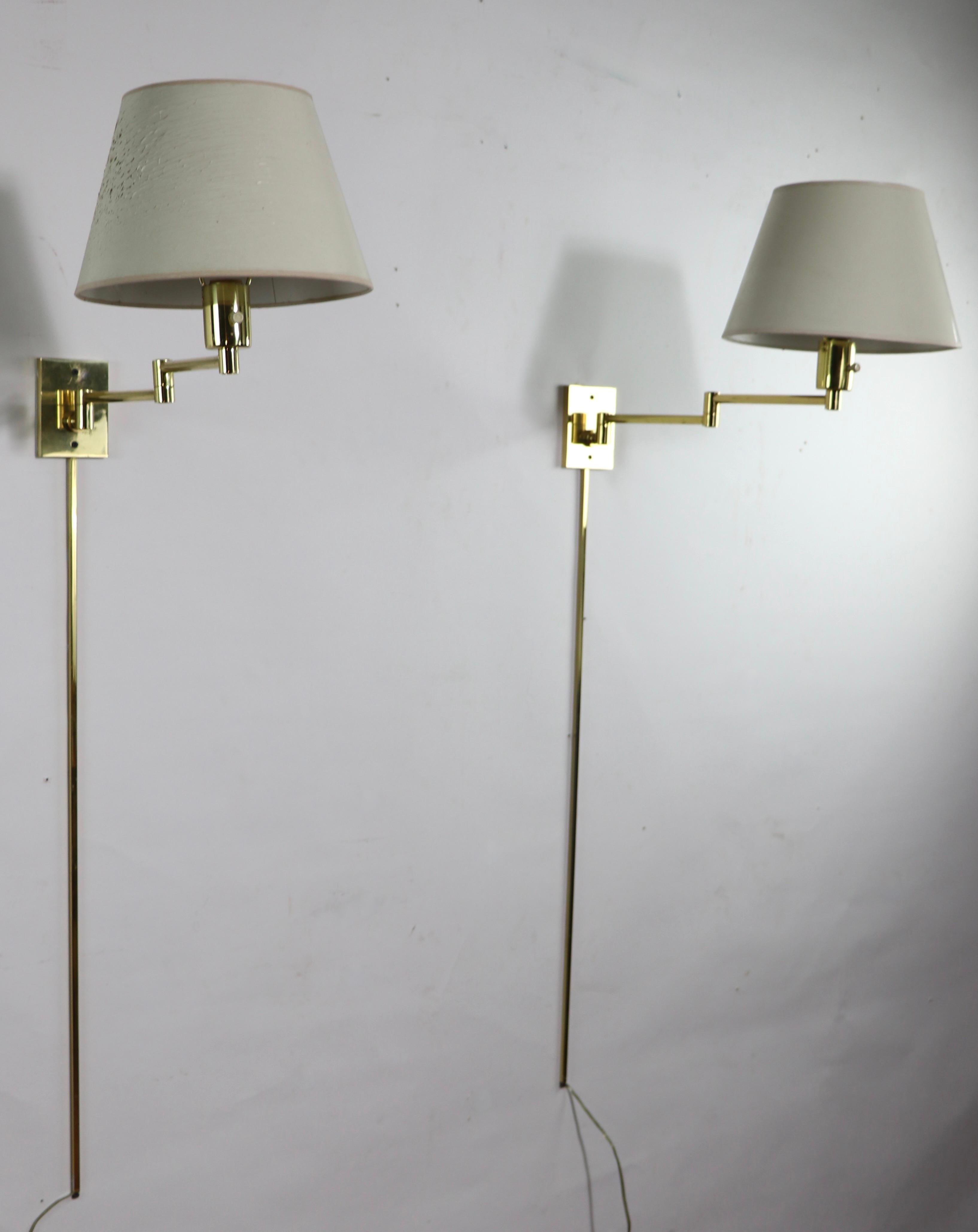Mid-Century Modern Pr. Brass Swing Arm Sconce Wall Lights by Hansen Lighting