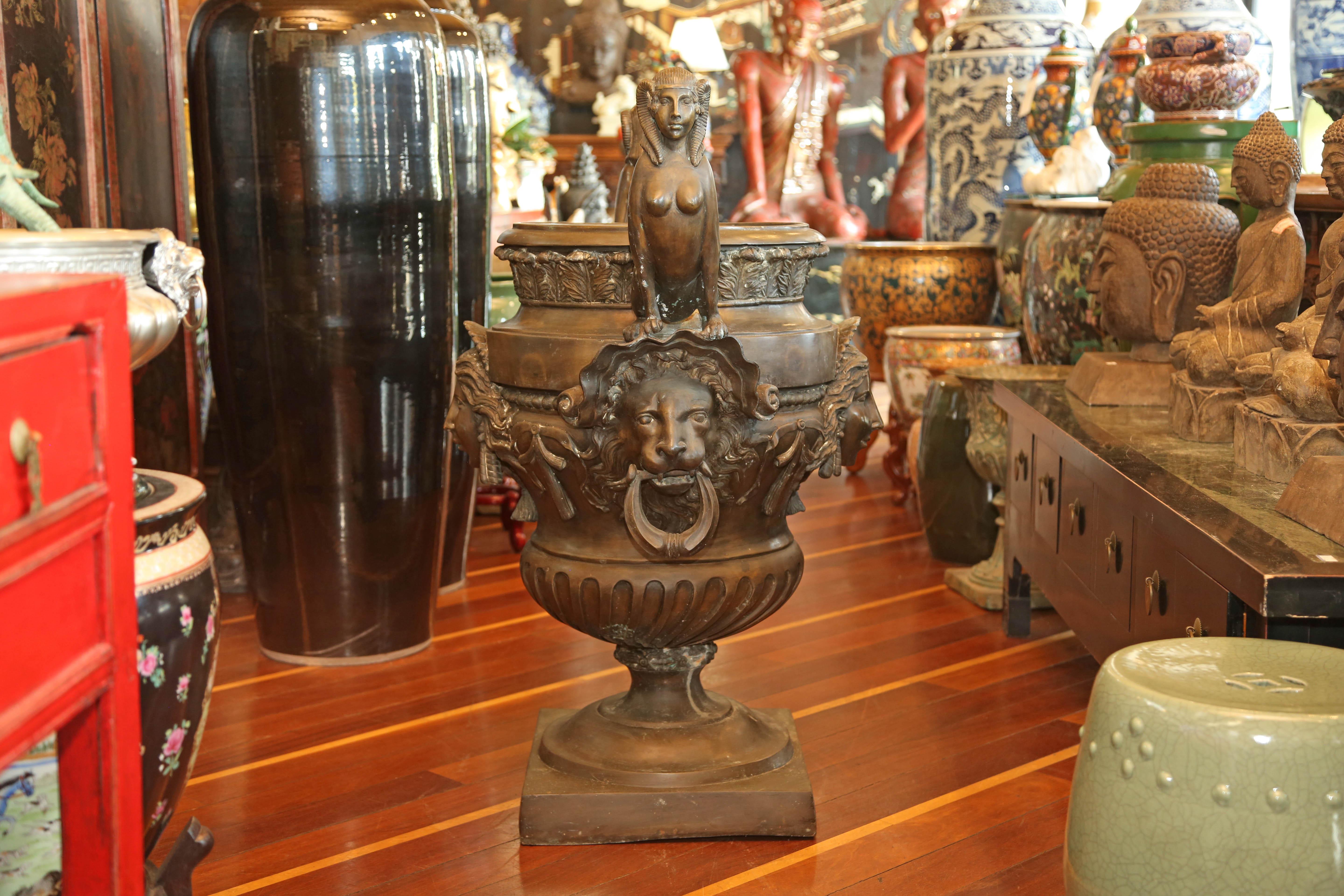 Pr/Bronze Urns with Mythological Representation from Chinese Collector In Distressed Condition For Sale In Miami, Miami Design District, FL