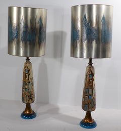 Pr. Brutalist Table Lamps with Original Silver Finish Shades after James Mont