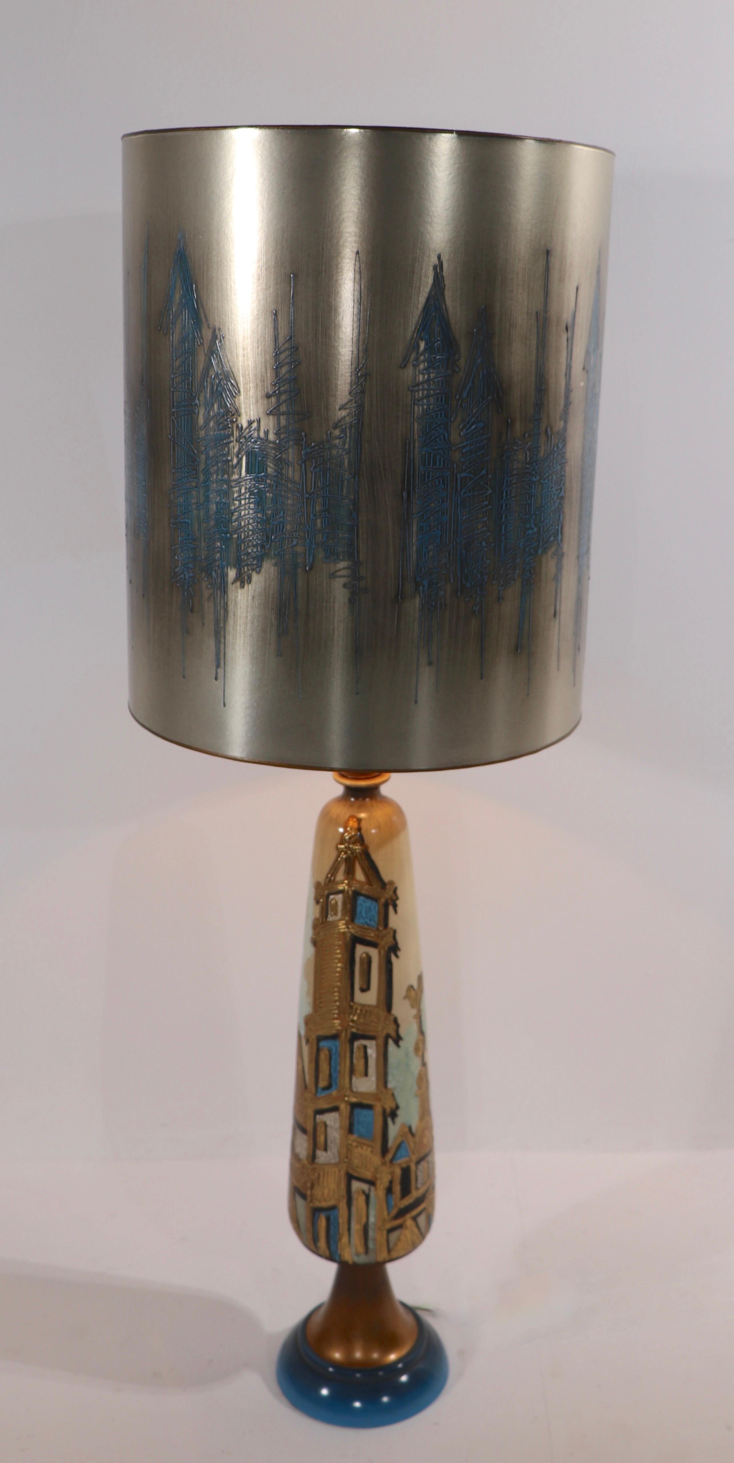 Ceramic Pr. Brutalist Table Lamps with Original Silver Finish Shades after James Mont For Sale