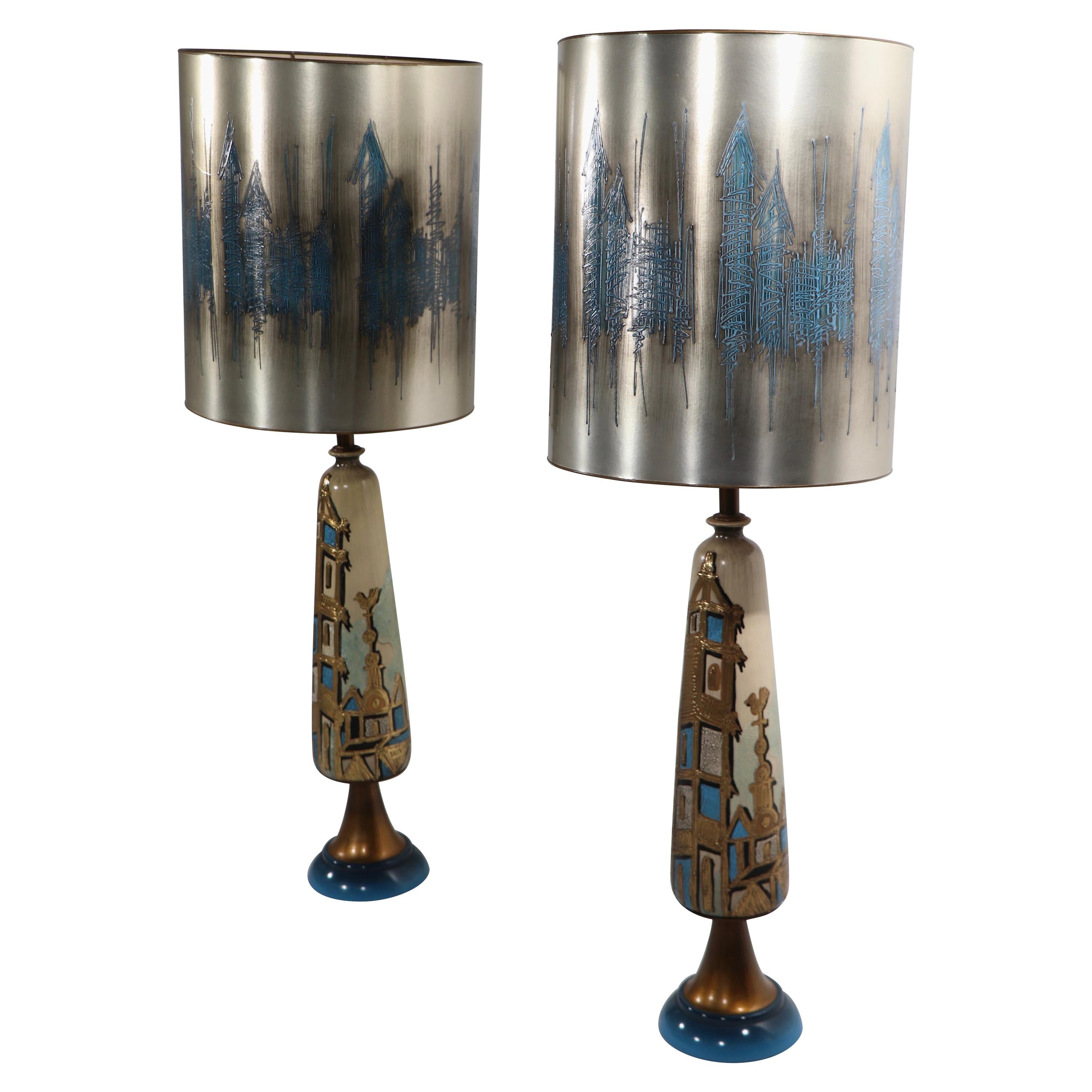Pr. Brutalist Table Lamps with Original Silver Finish Shades after James Mont