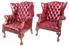 Pr. Burgundy Leather Ball and Claw Feet Chippendale Style Wingback Chairs
