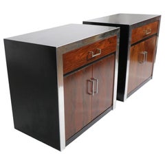 Pair of Burl Nightstands with Aluminum Trim and Black Cases after Baughman