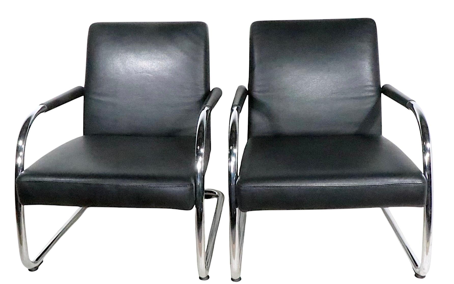 Italian Pr.  Cantilevered Black Leather and Chrome Lounge Chairs by Citterio for Vitra For Sale