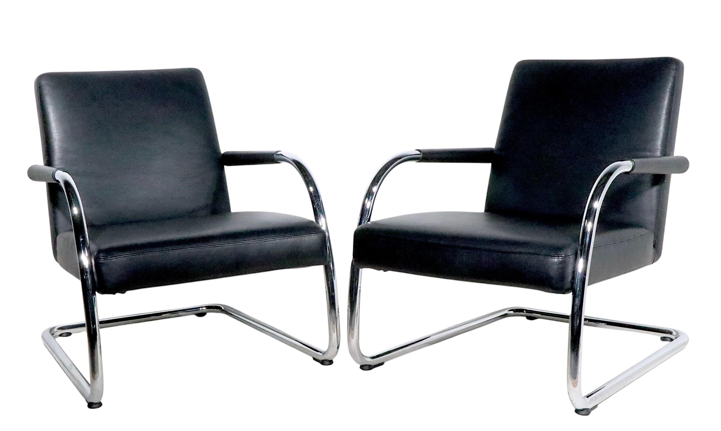 Pr.  Cantilevered Black Leather and Chrome Lounge Chairs by Citterio for Vitra In Good Condition For Sale In New York, NY
