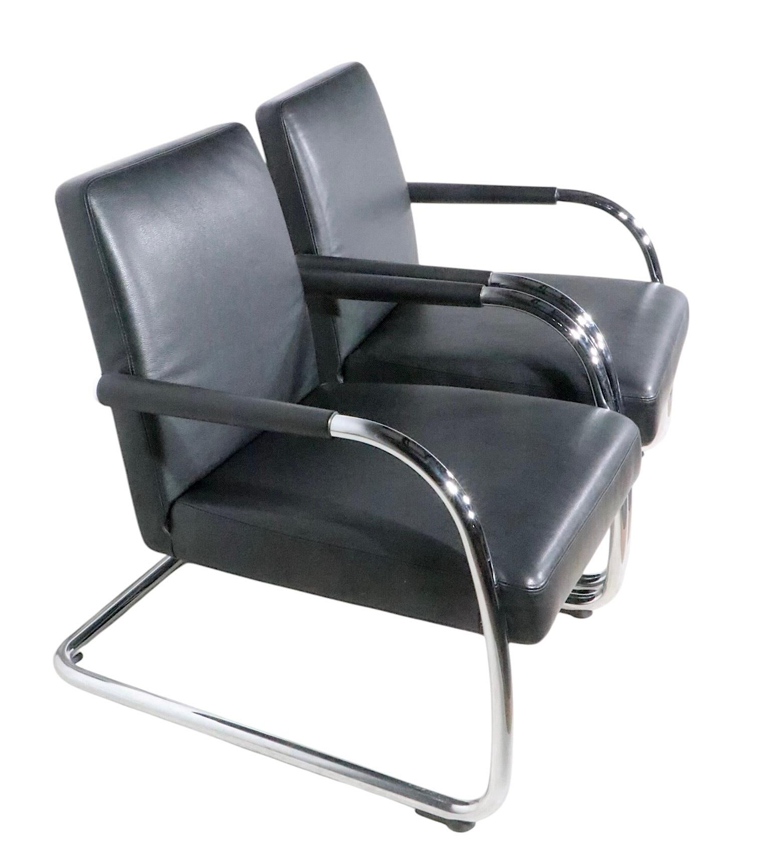 Contemporary Pr.  Cantilevered Black Leather and Chrome Lounge Chairs by Citterio for Vitra For Sale