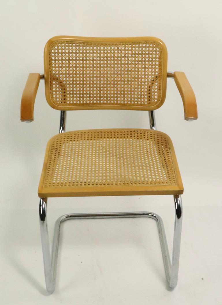 Nice clean pair of vintage (1970s-1980s) Cesca style chairs after Marcel Breuer. Both are in good, original condition, caned seats show minor sagging, normal and consistent with age, please see images. Offered and priced as a pair.
Measures: Total