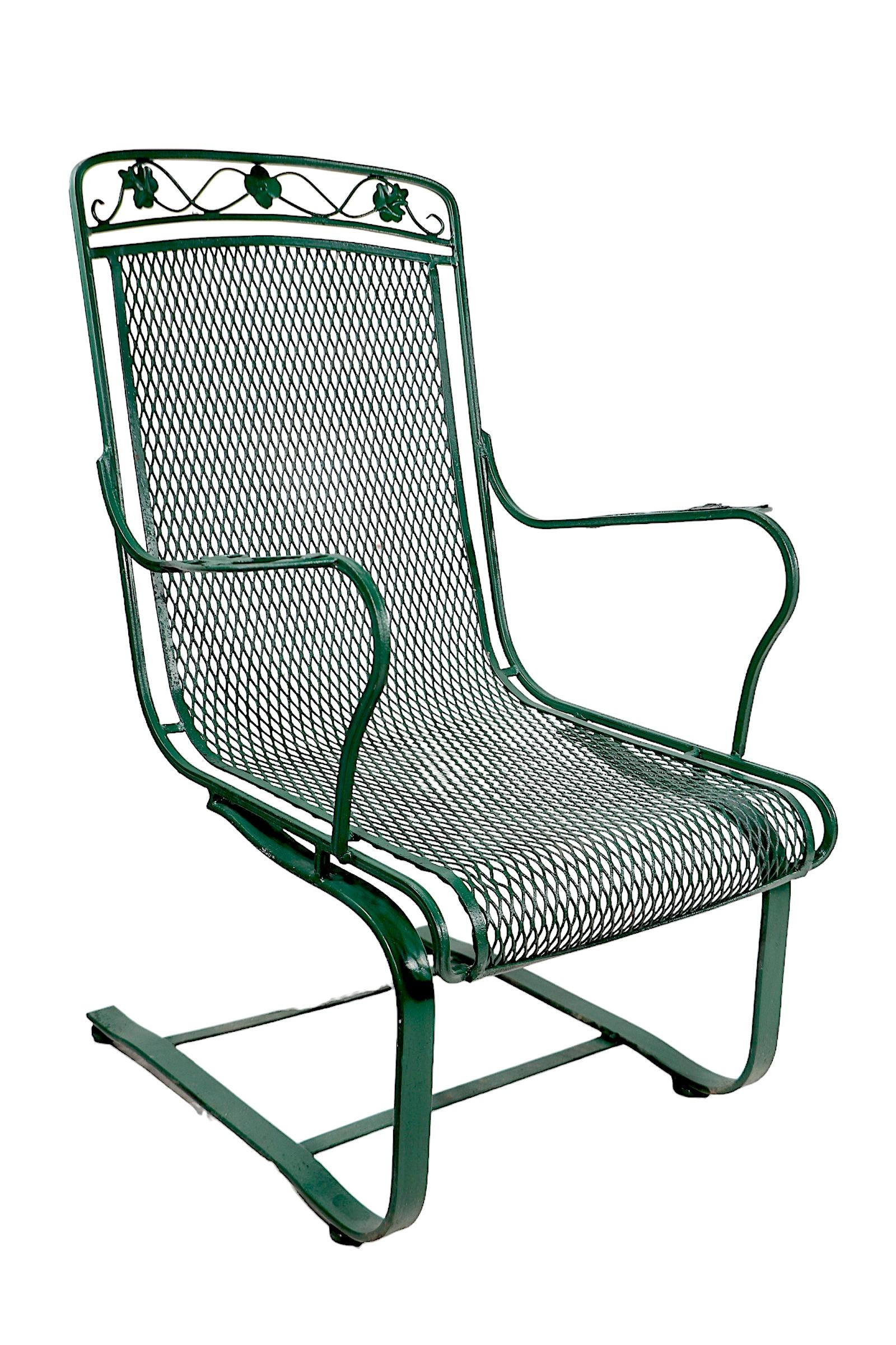 Hollywood Regency Pr. Cantilevered  Meadowcraft Dogwood Wrought Iron Lounge Chairs  For Sale