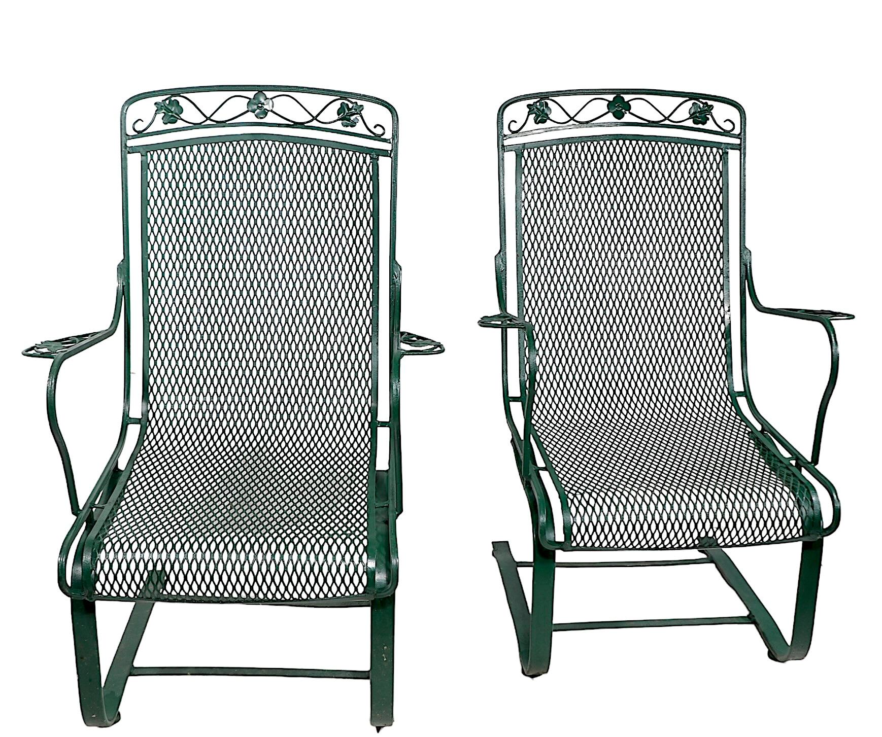 Metal Pr. Cantilevered  Meadowcraft Dogwood Wrought Iron Lounge Chairs  For Sale