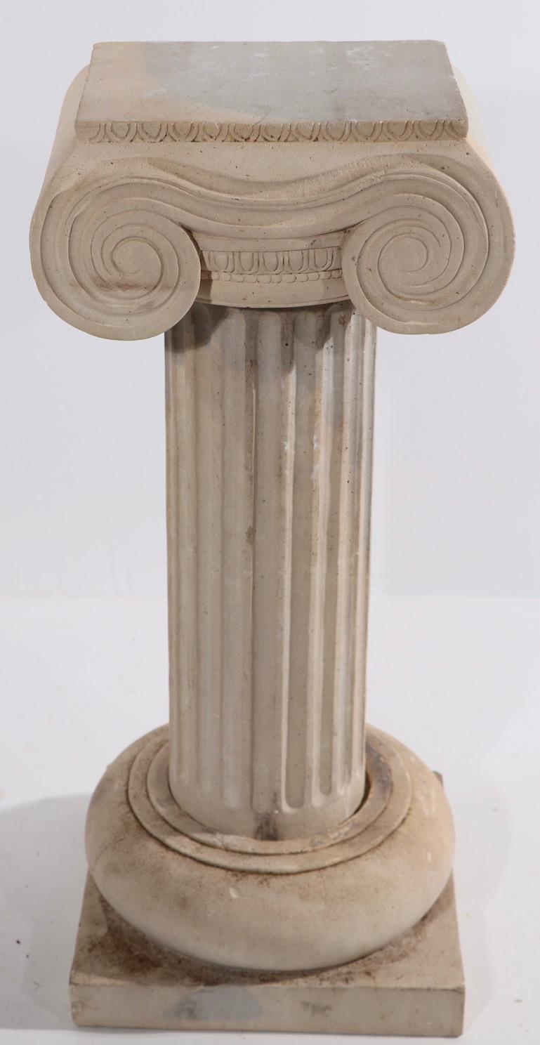 Greek Revival Pr. Carved Limestone Column Pedestals with Ionic Capitals For Sale