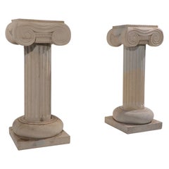 Vintage Pr. Carved Limestone Column Pedestals with Ionic Capitals