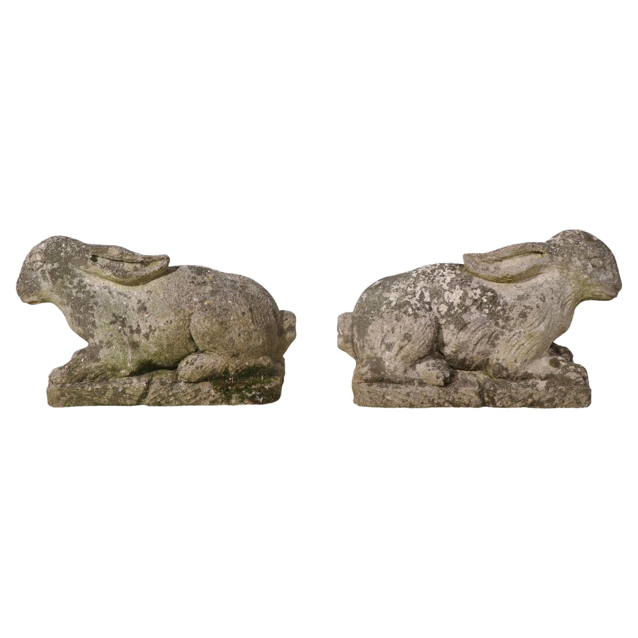 Pr. Carved Stone Big Eared Rabbits in Good Original Patina