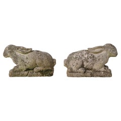 Pr. Carved Stone Big Eared Rabbits in Good Original Patina