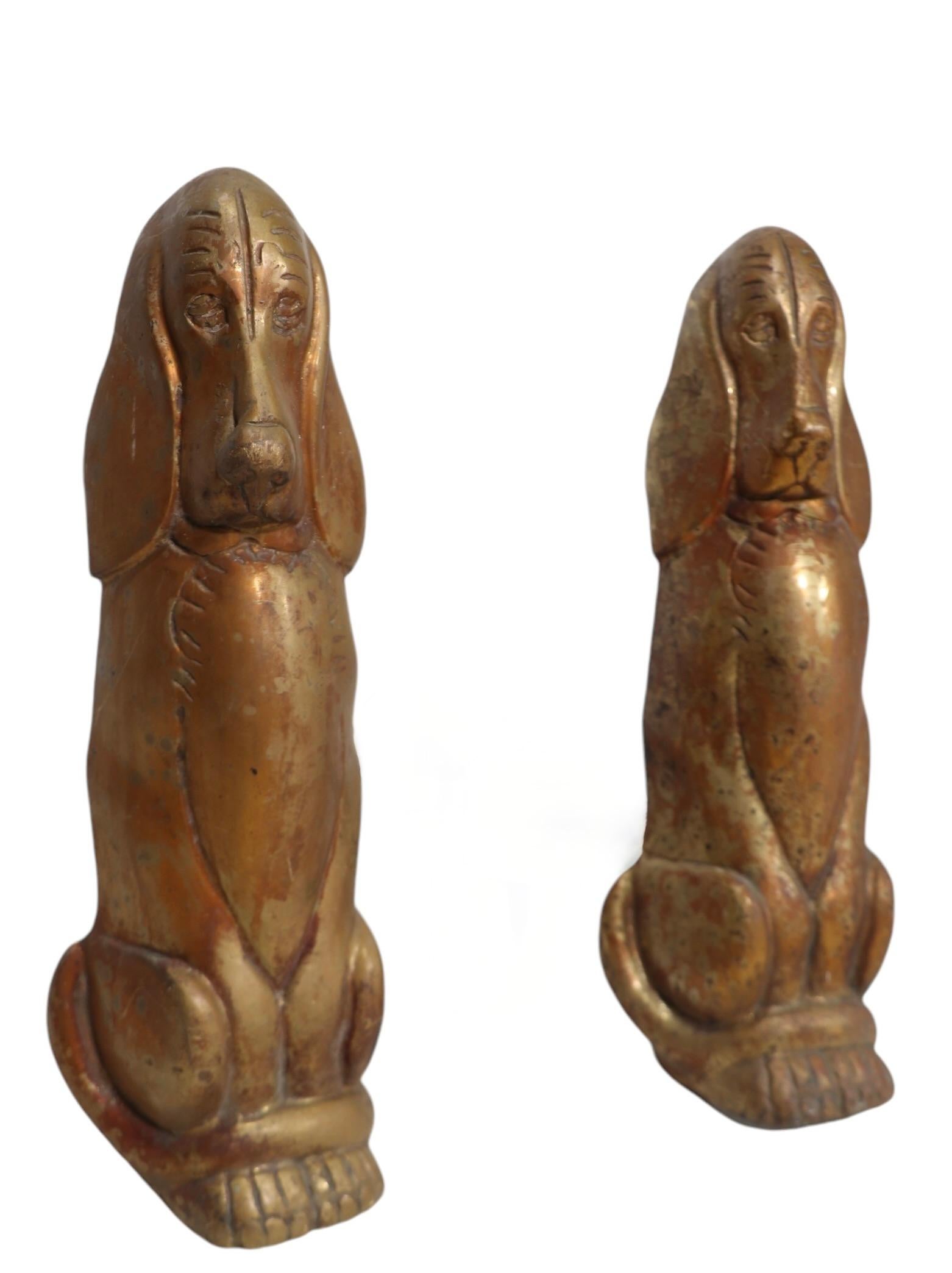 Art Deco Pr. Cast Brass Bassett Hound Fire Dog Andirons