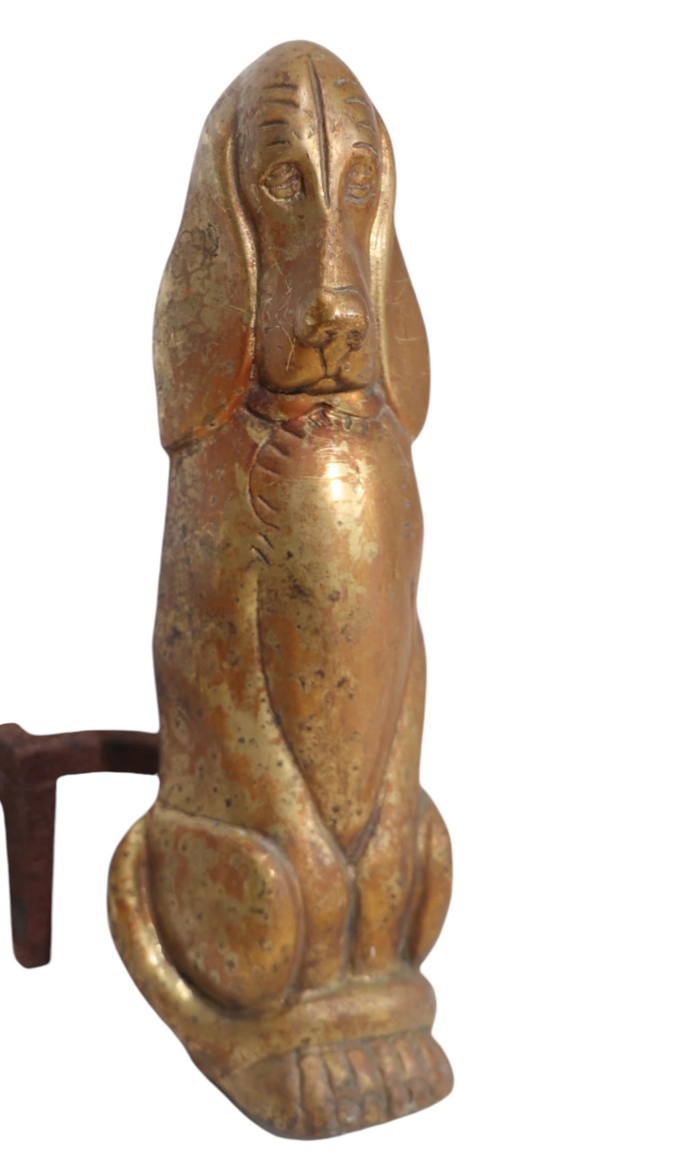 American Pr. Cast Brass Bassett Hound Fire Dog Andirons