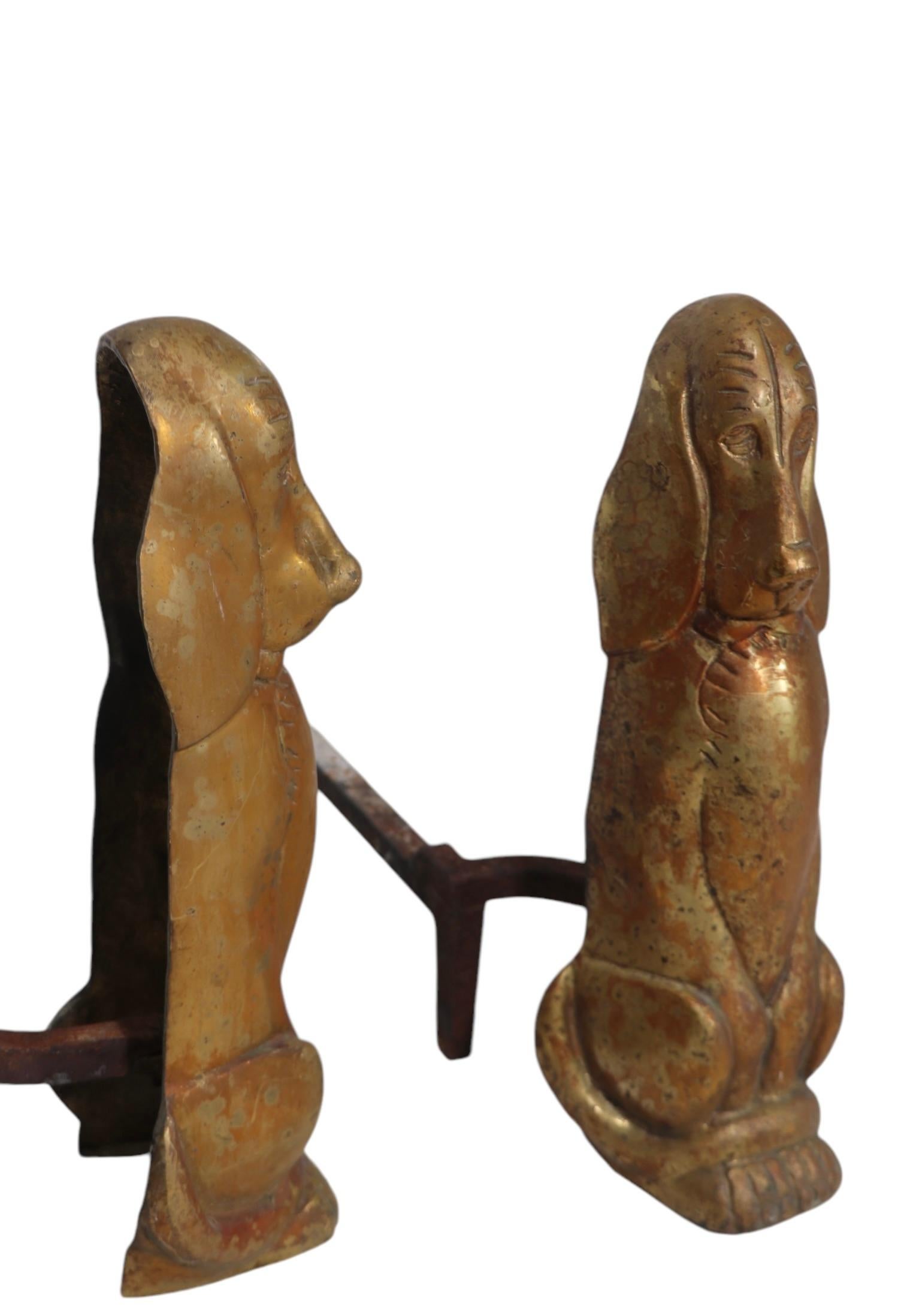 Pr. Cast Brass Bassett Hound Fire Dog Andirons In Good Condition In New York, NY
