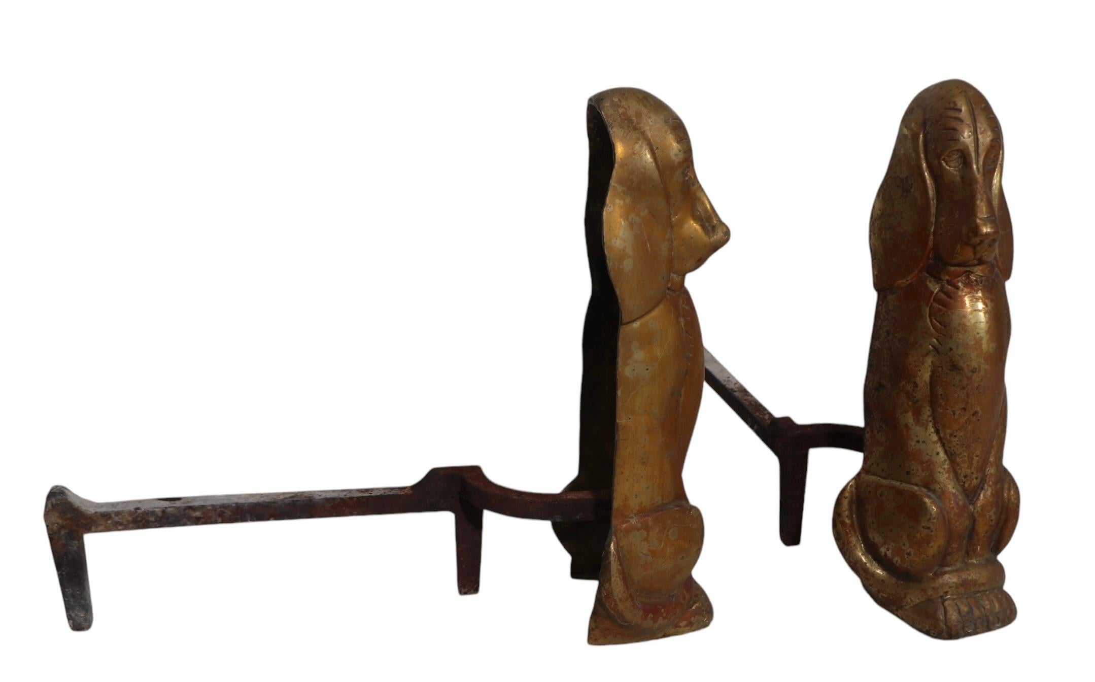 20th Century Pr. Cast Brass Bassett Hound Fire Dog Andirons
