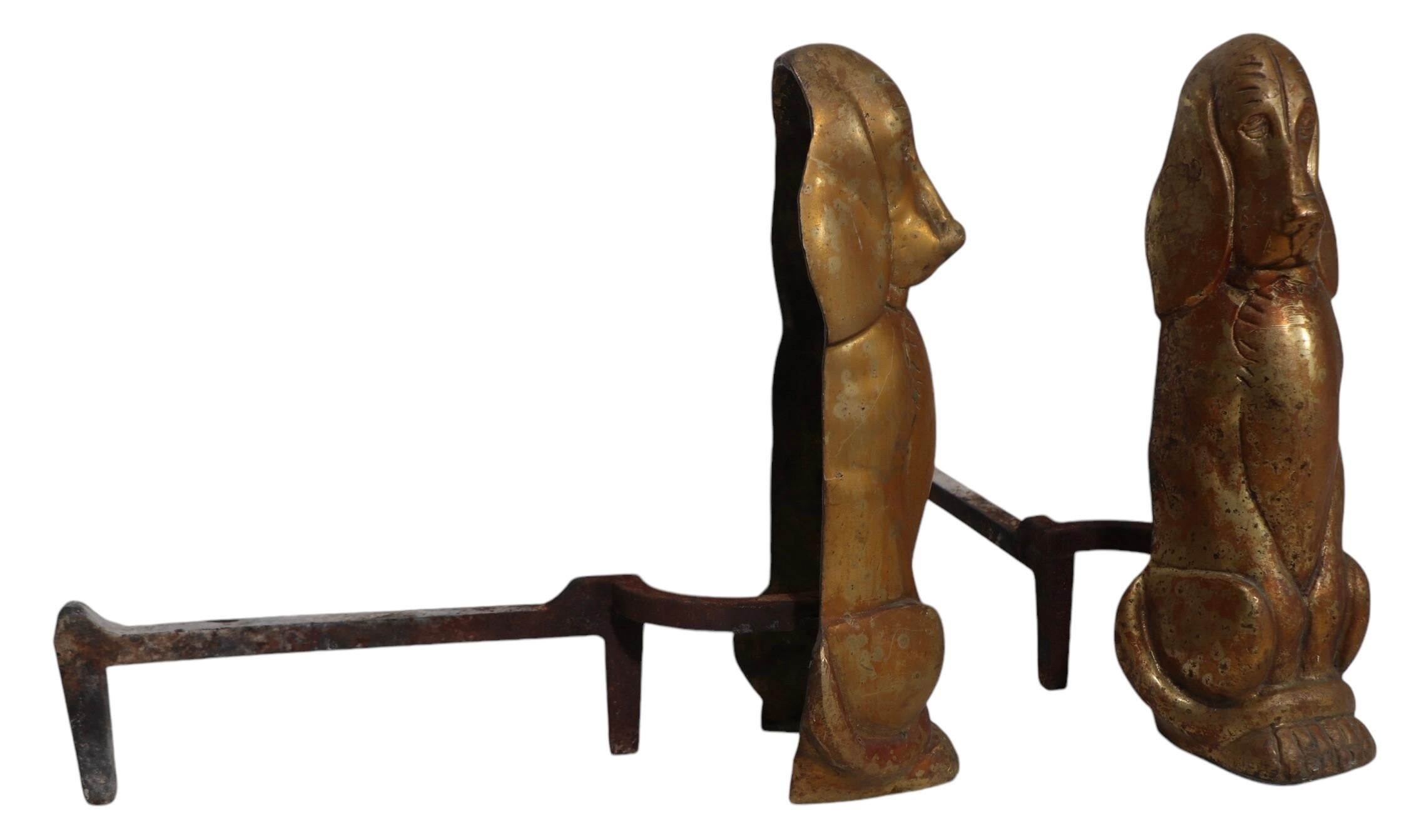 Pr. Cast Brass Bassett Hound Fire Dog Andirons 1