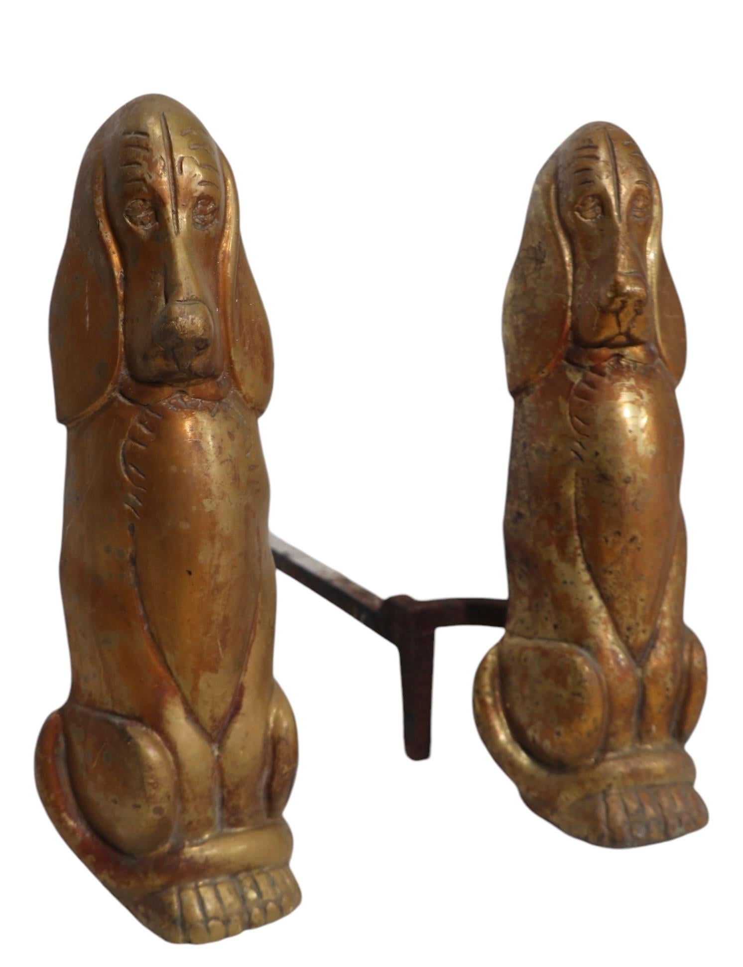 Pr. Cast Brass Bassett Hound Fire Dog Andirons 2