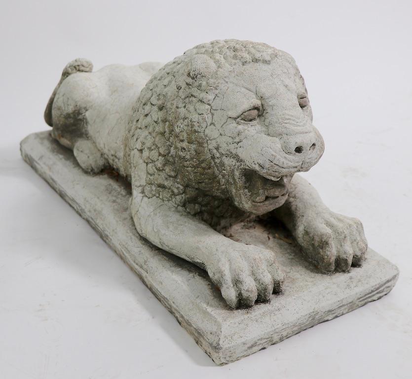 Pair of Cast Plaster Recumbent Entrance Way Garden Lions In Good Condition For Sale In New York, NY