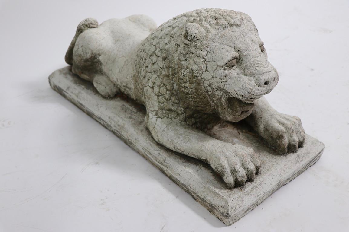 20th Century Pair of Cast Plaster Recumbent Entrance Way Garden Lions For Sale