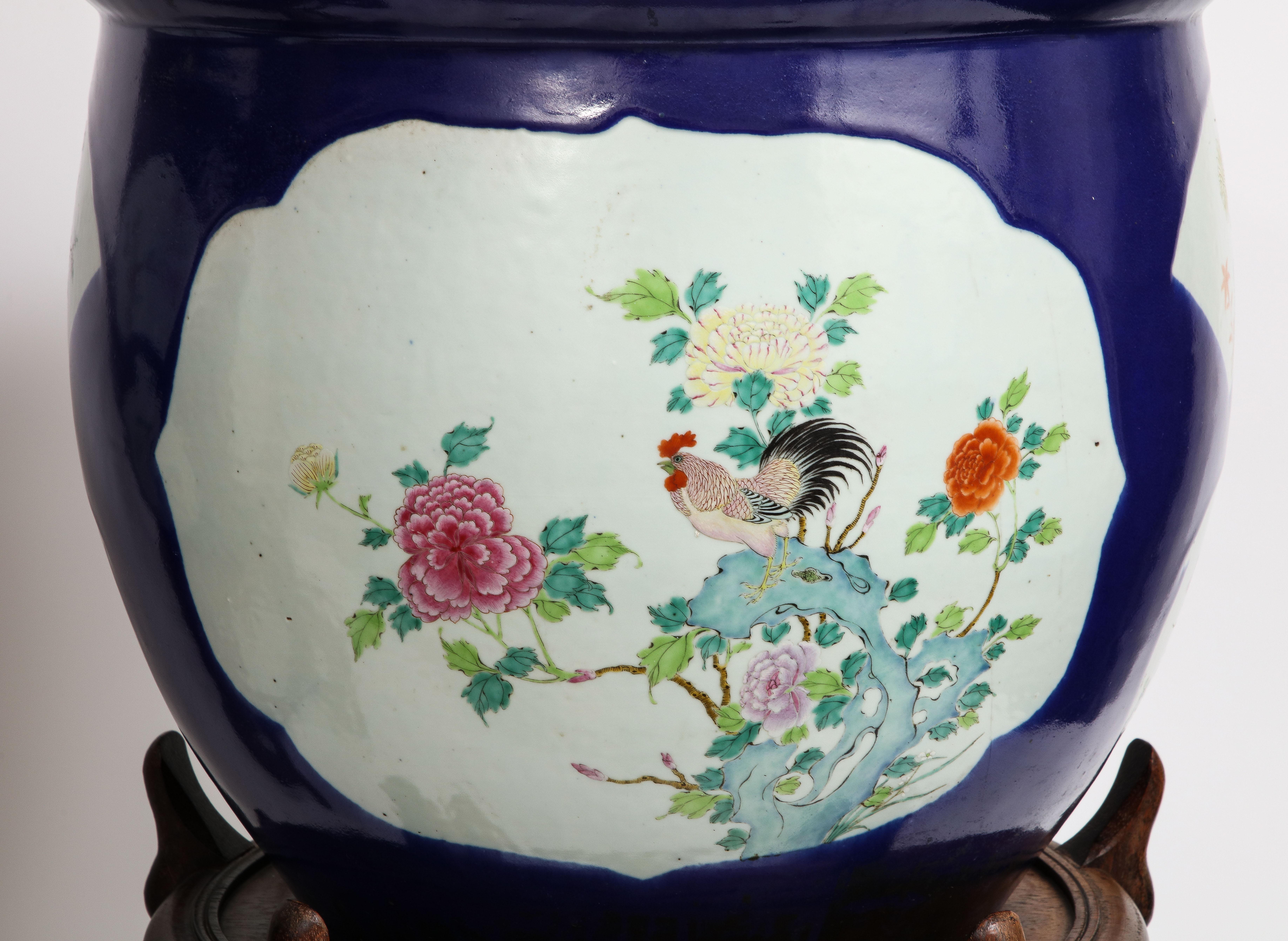 Pair. Chinese Bleu Poudre Ground Porcelain Double Cartouche Planters Wood Stands 5