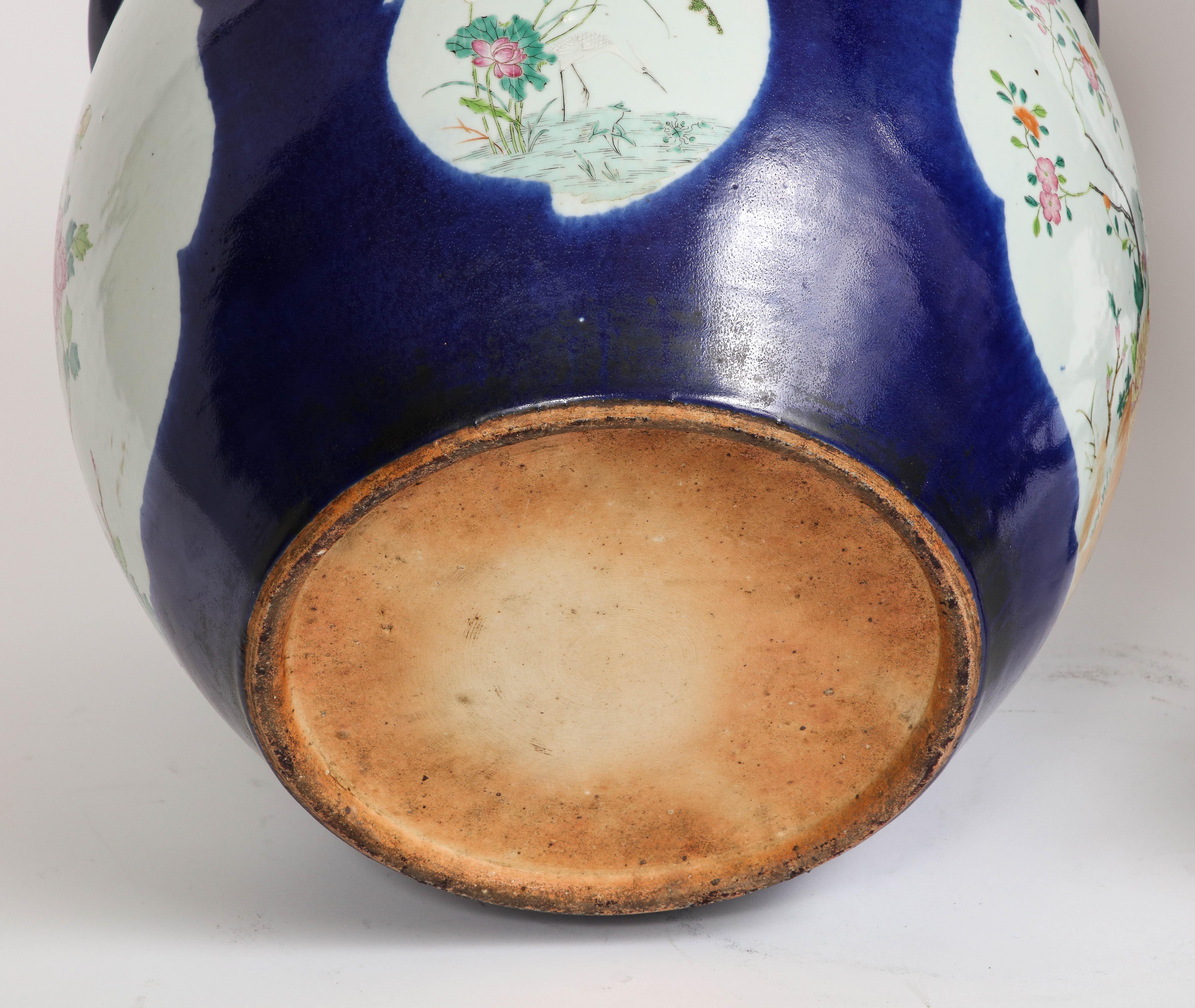 Pair. Chinese Bleu Poudre Ground Porcelain Double Cartouche Planters Wood Stands 11