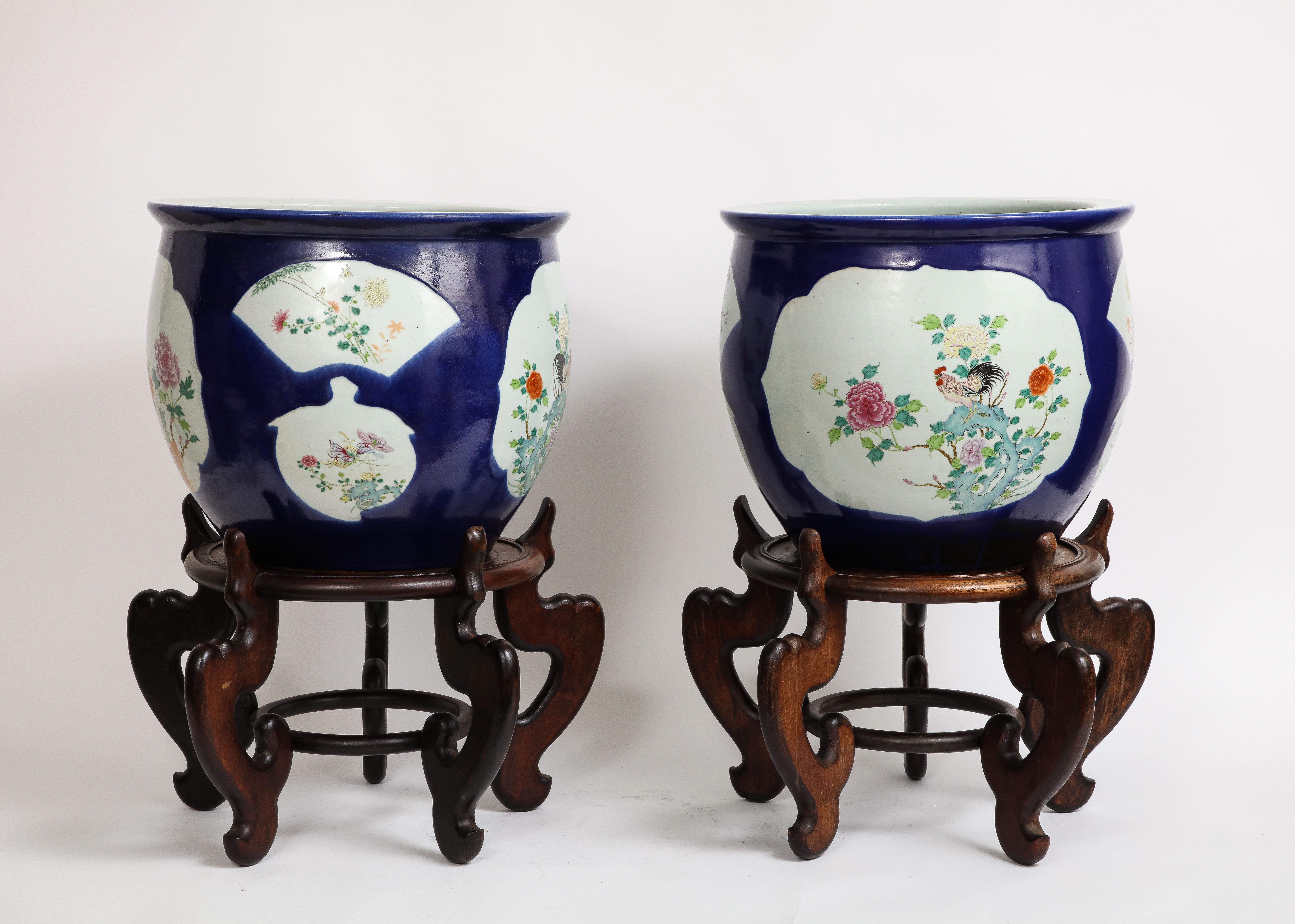 A Beautiful Pair of Chinese Bleu Poudre Ground Porcelain Double Cartouche Planters on Wood Stands. These porcelain ceramic marvels command attention and admiration. Graced with scalloped border panels on both sides, they display graceful portrayals