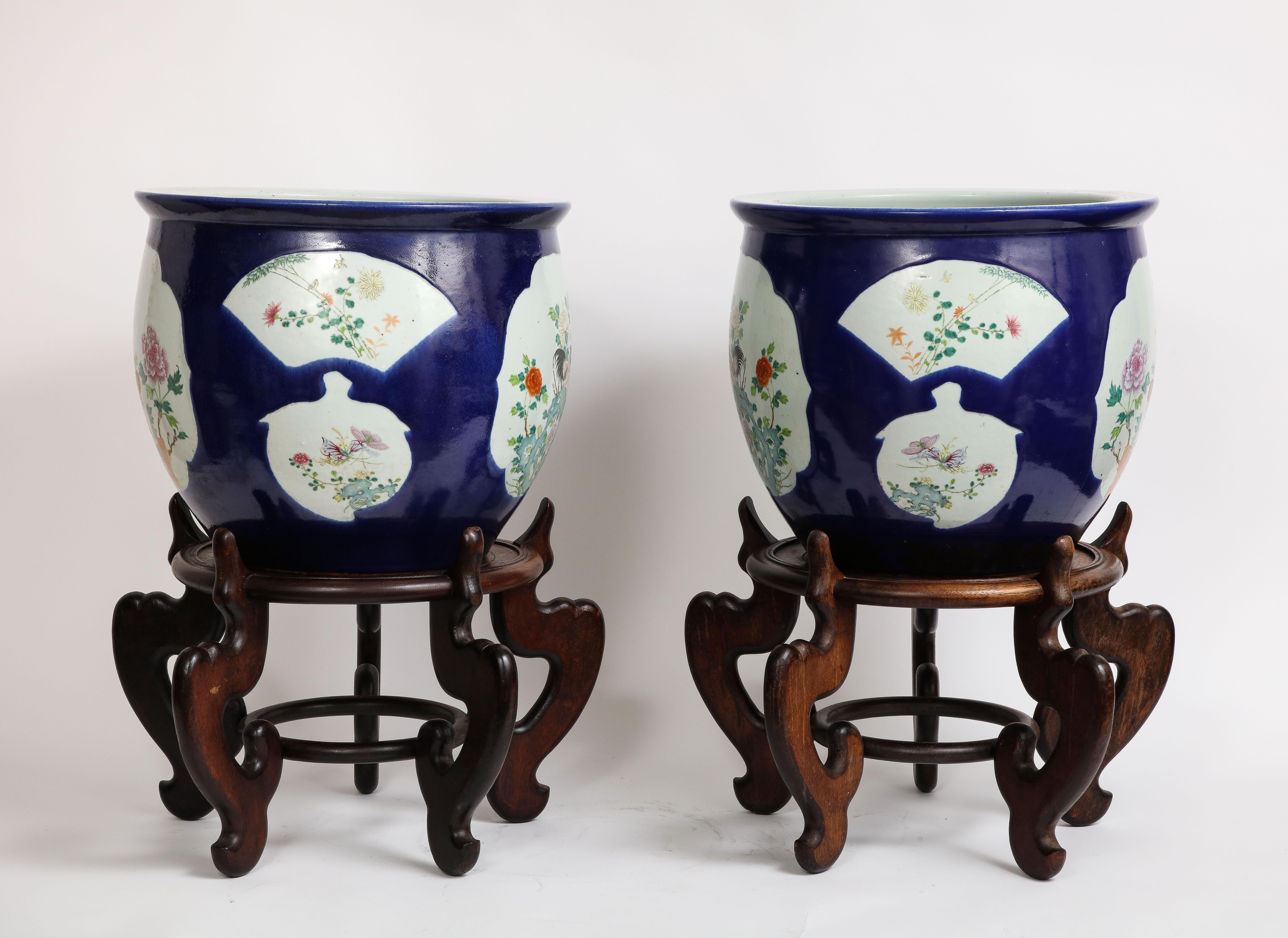 Chinese Export Pair. Chinese Bleu Poudre Ground Porcelain Double Cartouche Planters Wood Stands For Sale