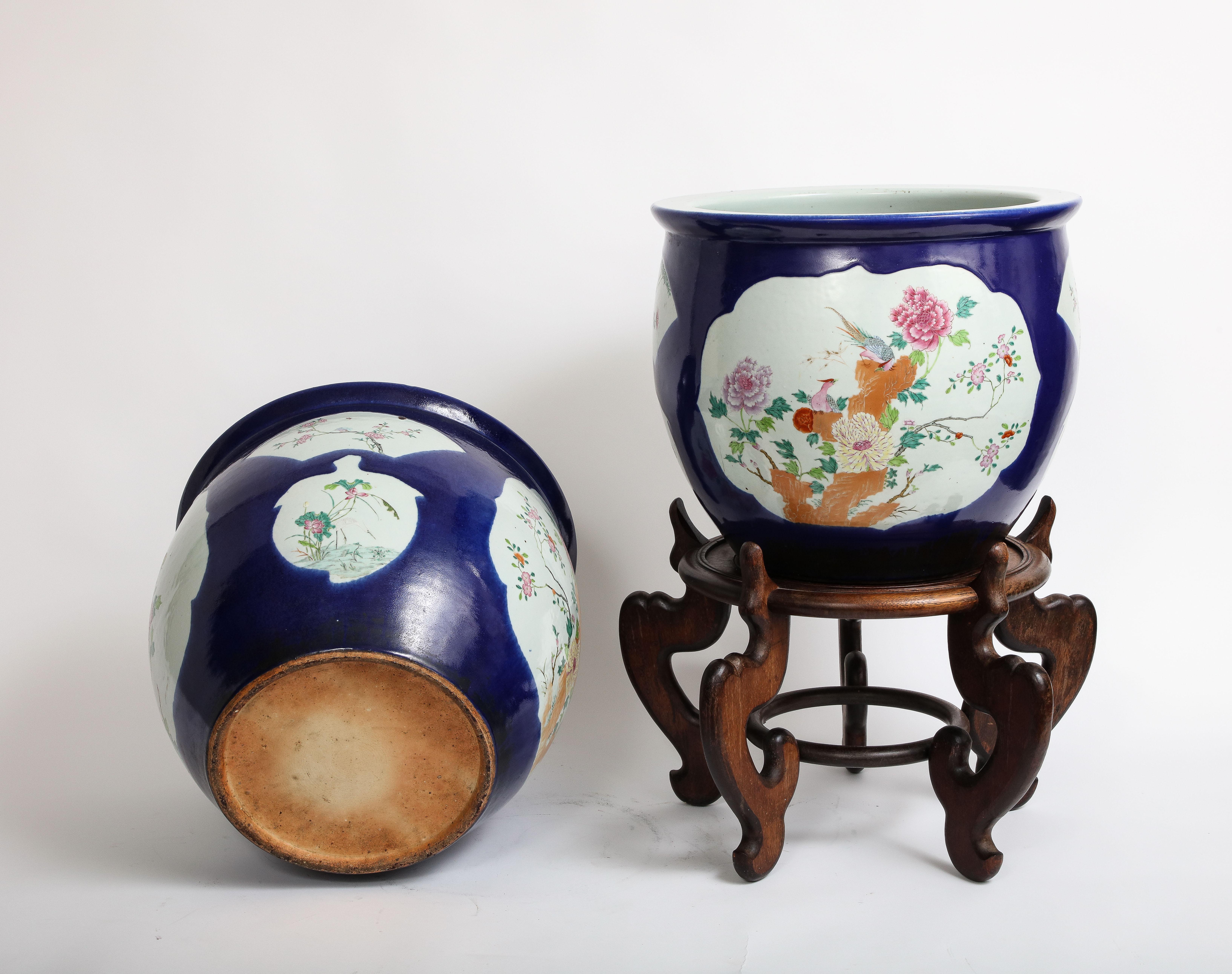 Mid-19th Century Pair. Chinese Bleu Poudre Ground Porcelain Double Cartouche Planters Wood Stands For Sale