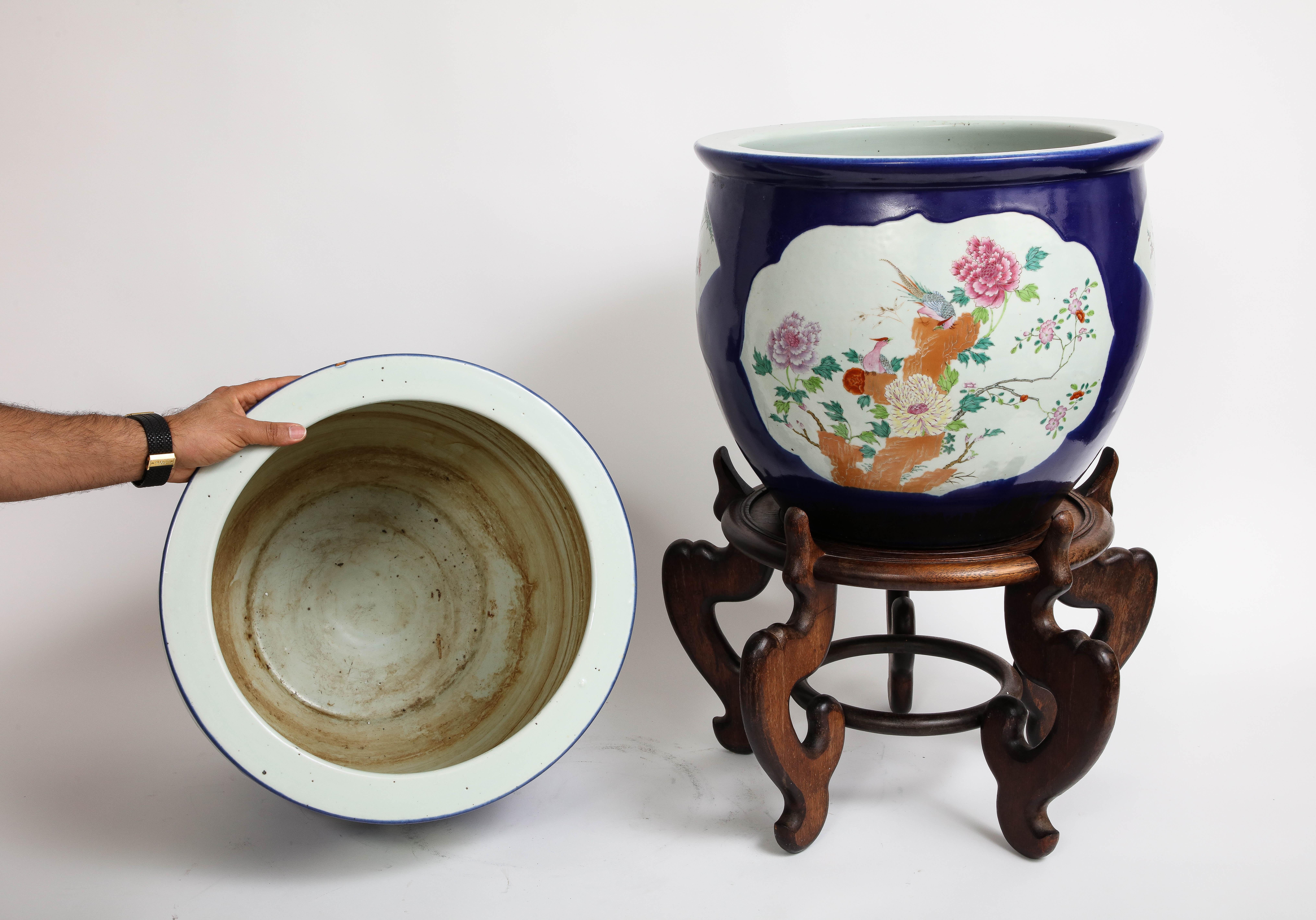 Pair. Chinese Bleu Poudre Ground Porcelain Double Cartouche Planters Wood Stands 1