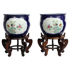 Pair. Chinese Bleu Poudre Ground Porcelain Double Cartouche Planters Wood Stands