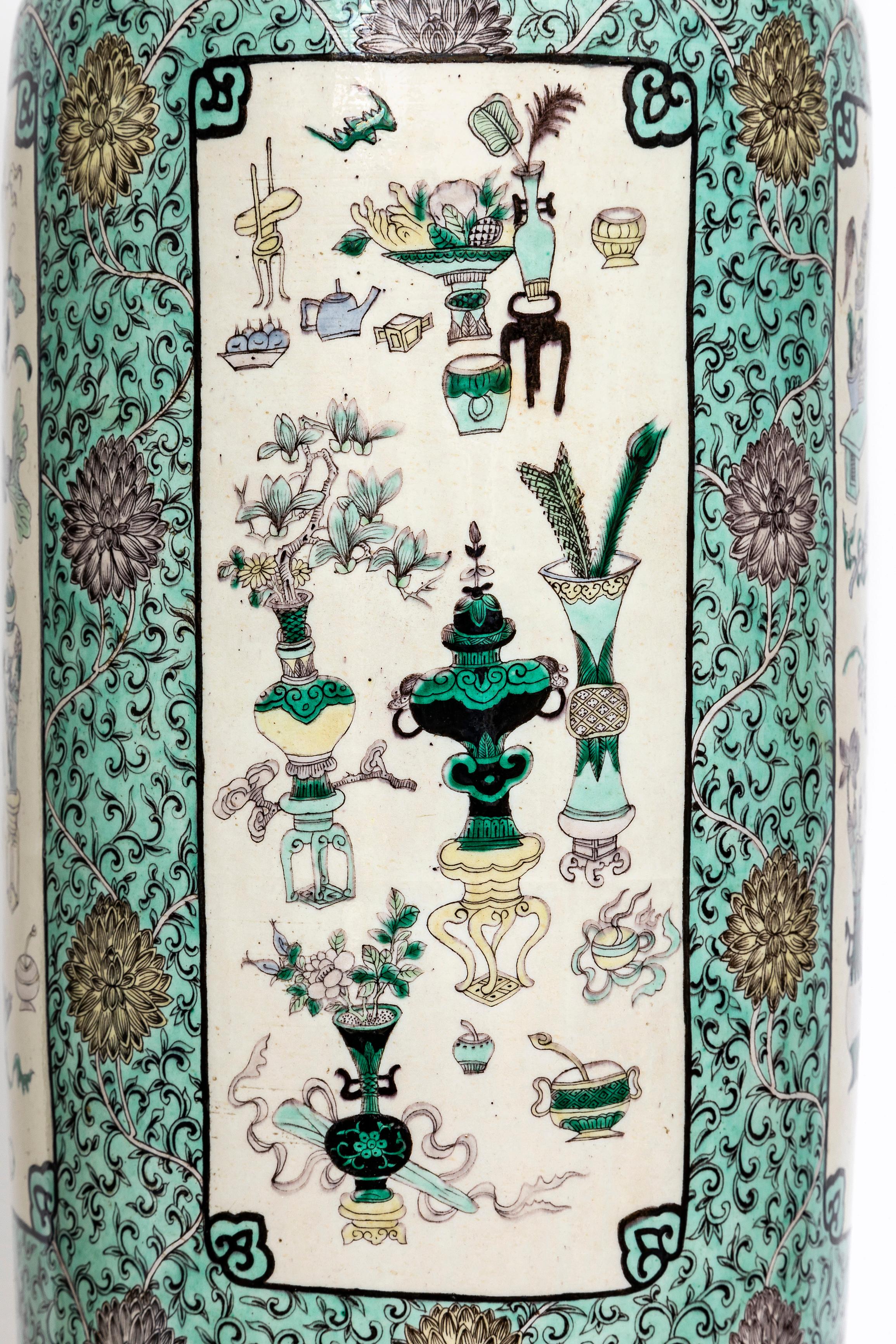 Pr. Chinese Kangxi Famille Vert Porcelain French Ormolu Mounted Solider Vases For Sale 4