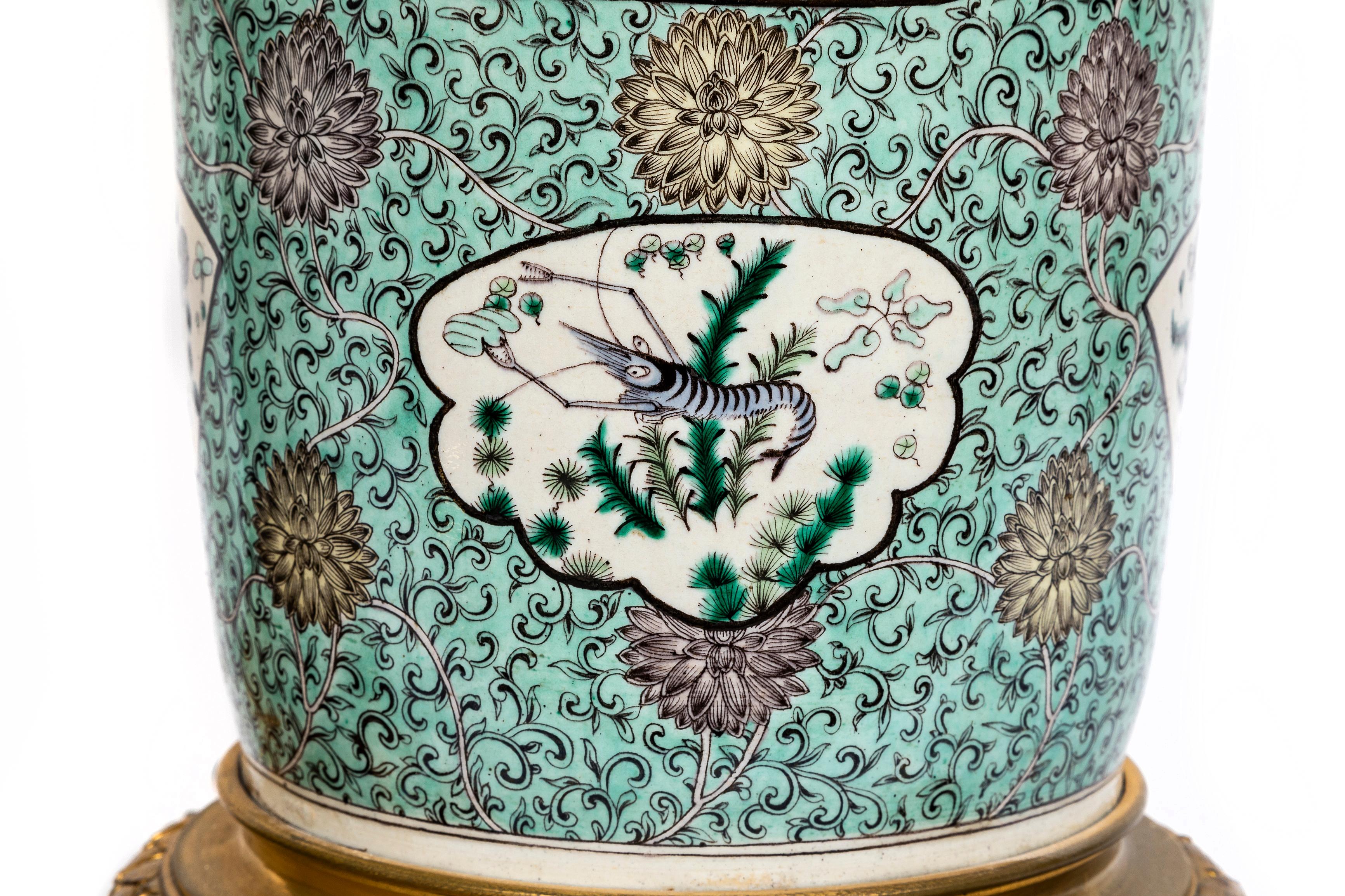 Pr. Chinese Kangxi Famille Vert Porcelain French Ormolu Mounted Solider Vases For Sale 7