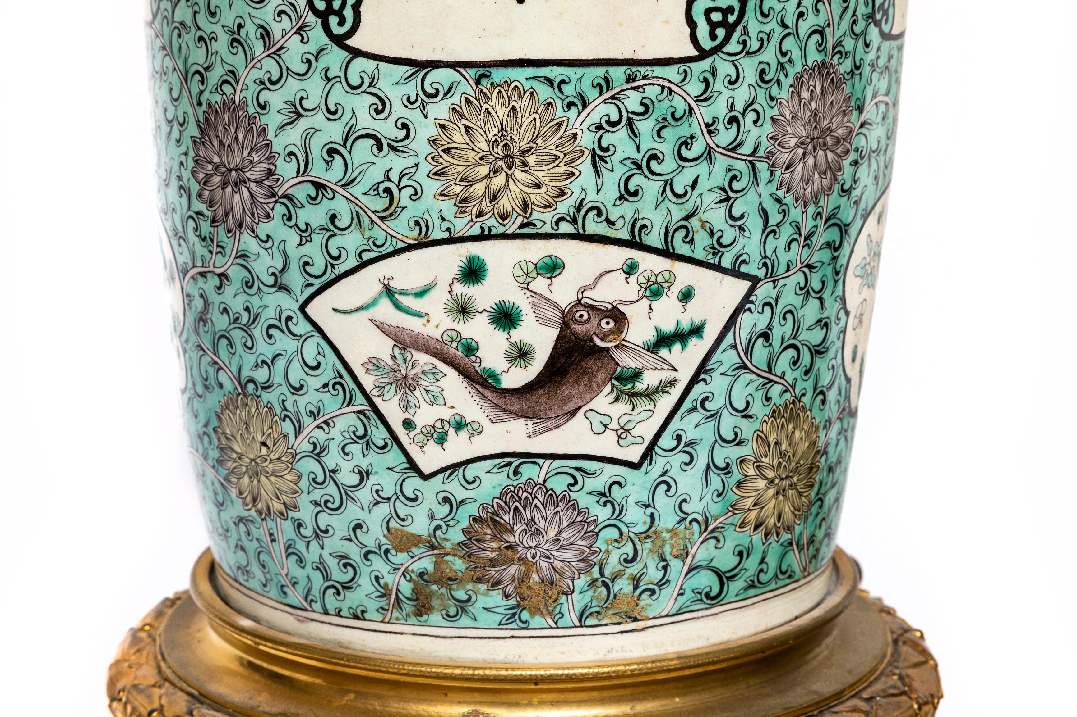 Pr. Chinese Kangxi Famille Vert Porcelain French Ormolu Mounted Solider Vases For Sale 8