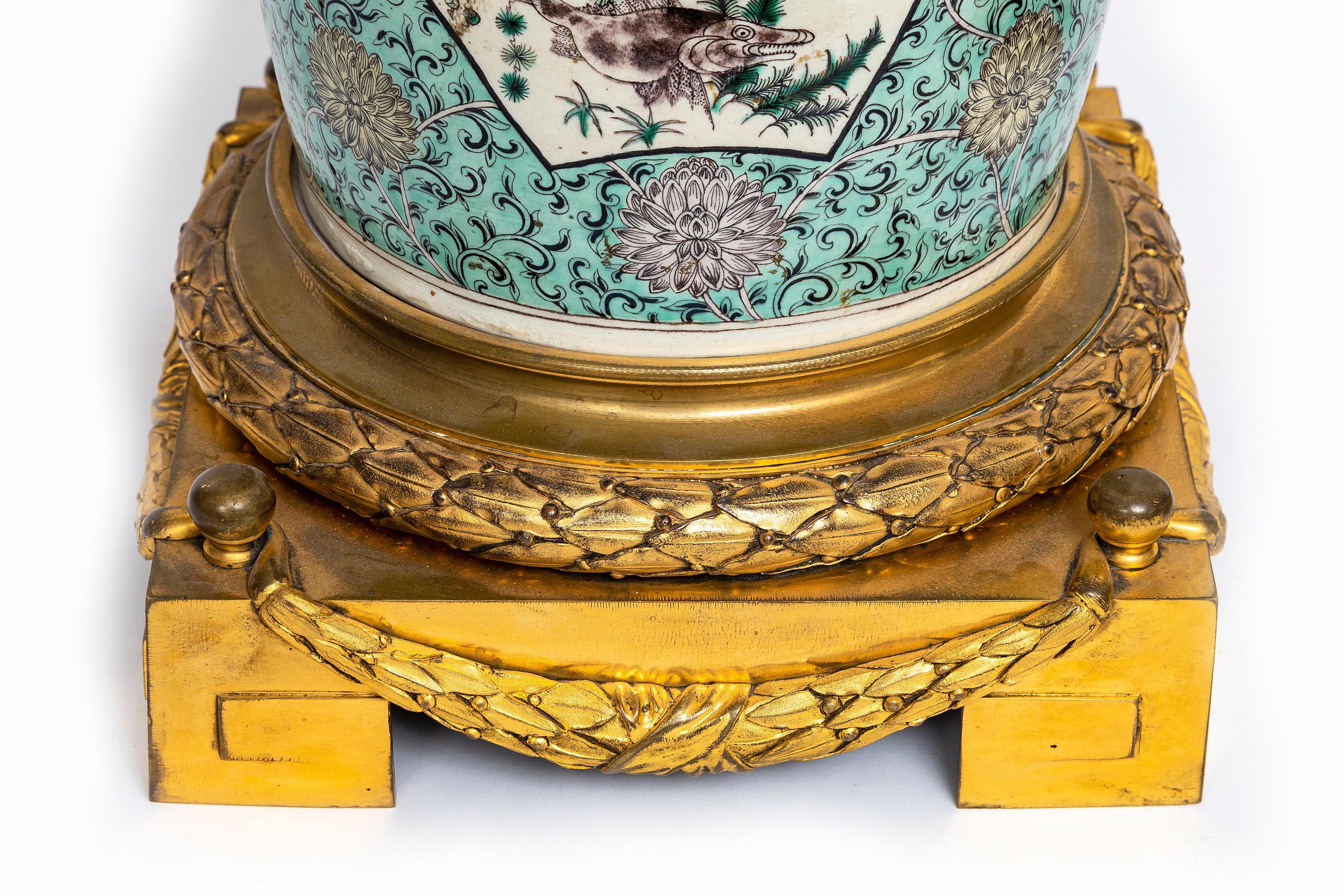 Pr. Chinese Kangxi Famille Vert Porcelain French Ormolu Mounted Solider Vases For Sale 9