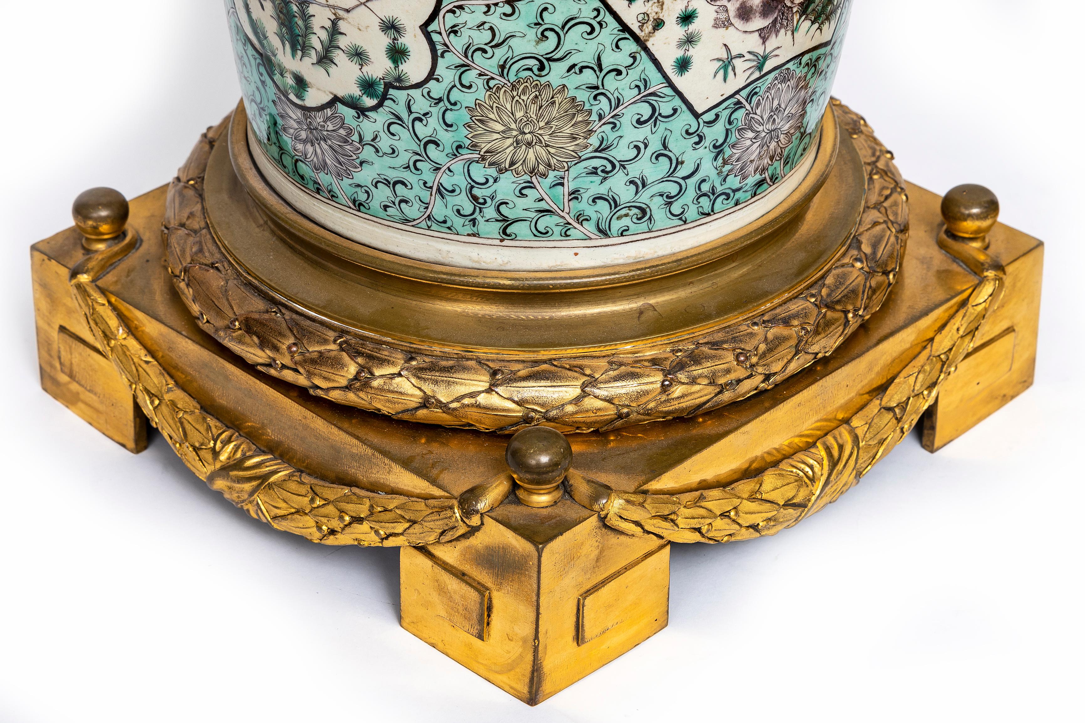 Pr. Chinese Kangxi Famille Vert Porcelain French Ormolu Mounted Solider Vases For Sale 10