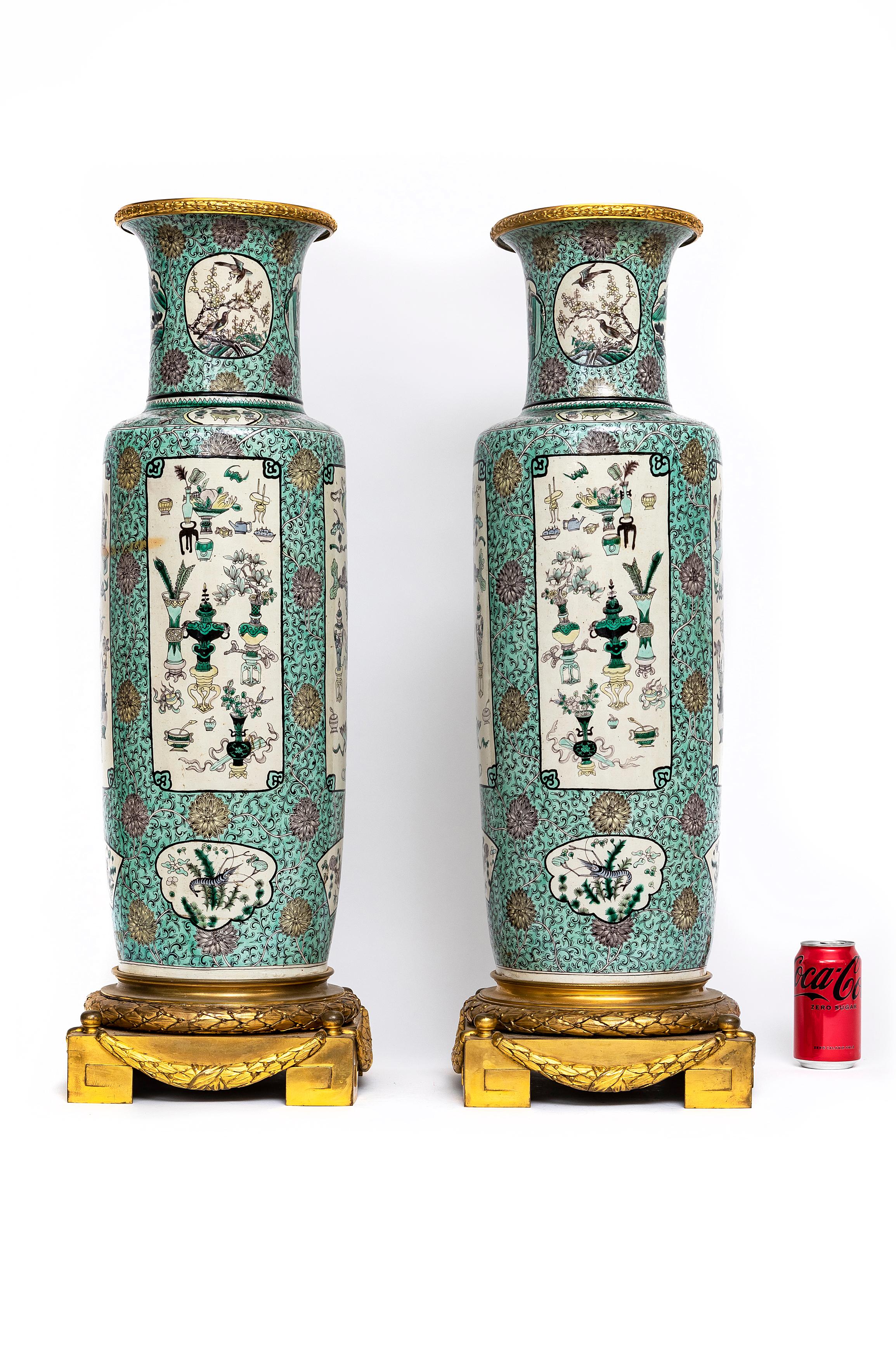 Louis XVI Pr. Chinese Kangxi Famille Vert Porcelain French Ormolu Mounted Solider Vases For Sale