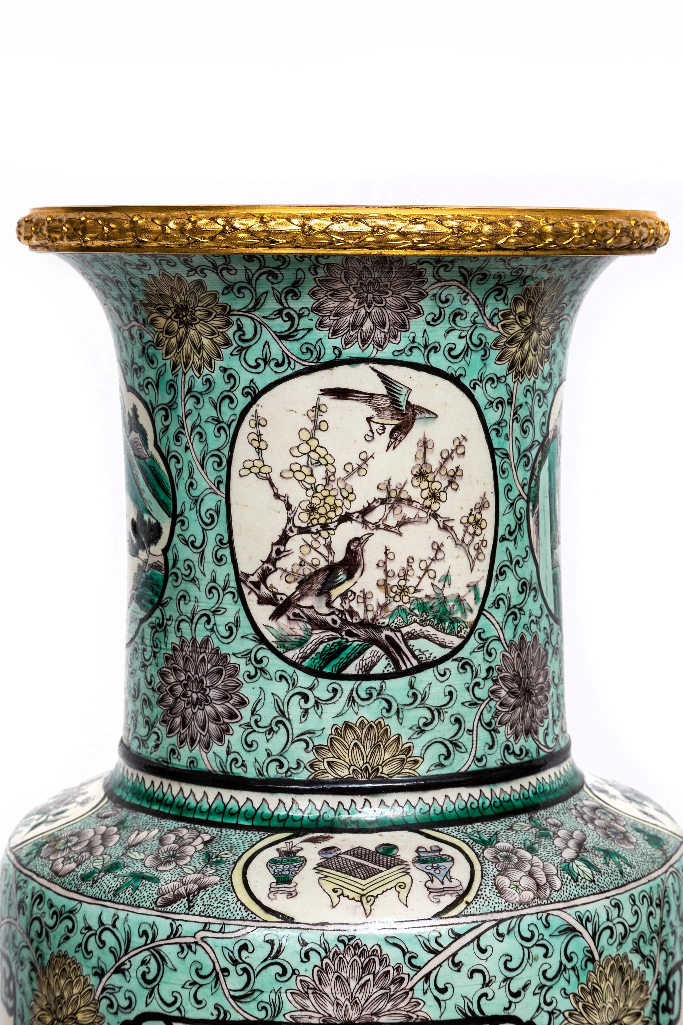 Pr. Chinese Kangxi Famille Vert Porcelain French Ormolu Mounted Solider Vases In Good Condition For Sale In New York, NY