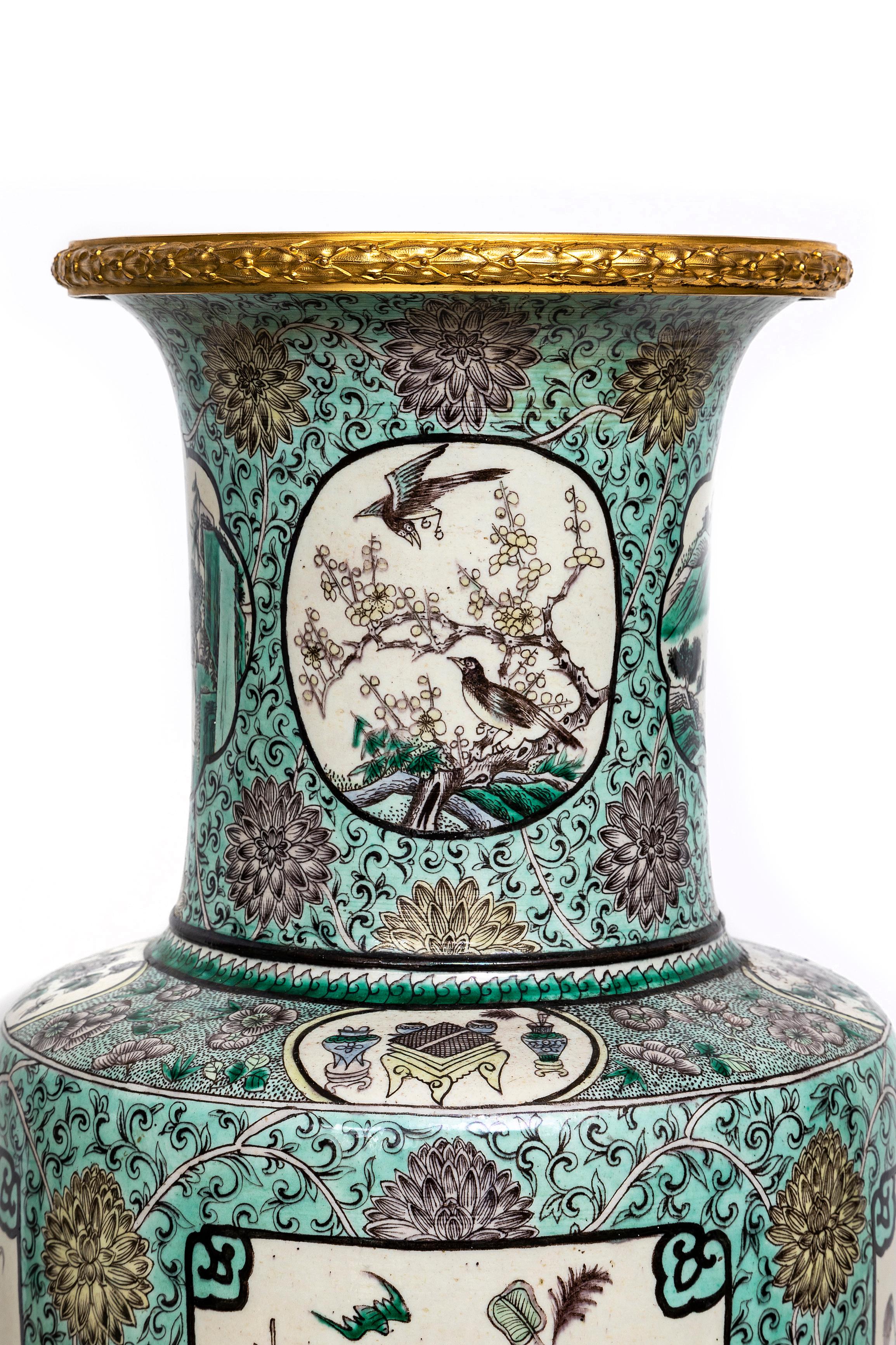 Mid-19th Century Pr. Chinese Kangxi Famille Vert Porcelain French Ormolu Mounted Solider Vases For Sale
