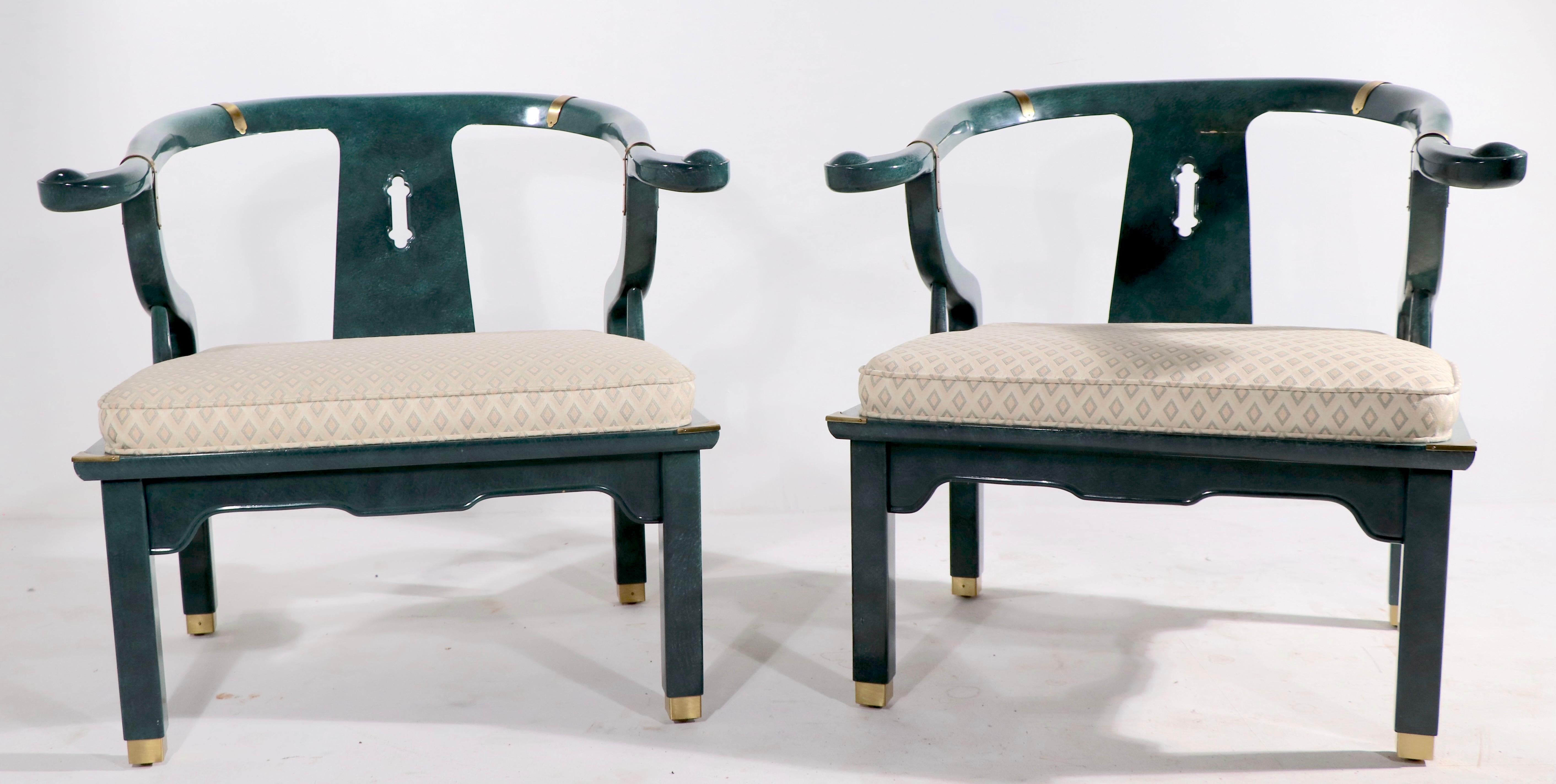 Pure voguish style pair of chairs in the Chinese, or Asia Modern style - executed in an unusual Jade faux finish. Both are in very good, original clean and ready to use condition - both show minor loss to the finish, please see images. The close up