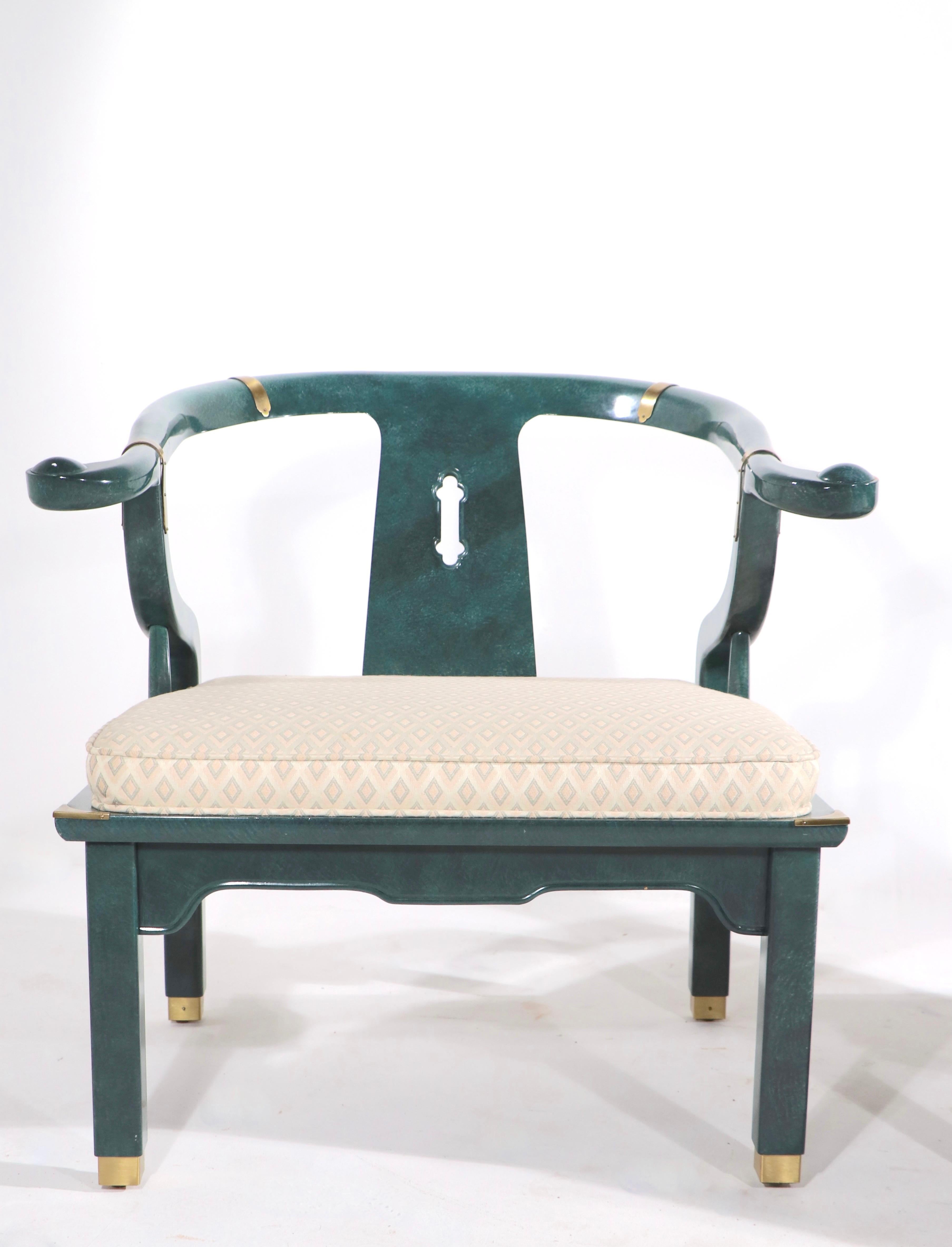 Hollywood Regency Pr. Chinese Modern Ox Bow Chairs in Faux Jade Finish by Century Furniture For Sale