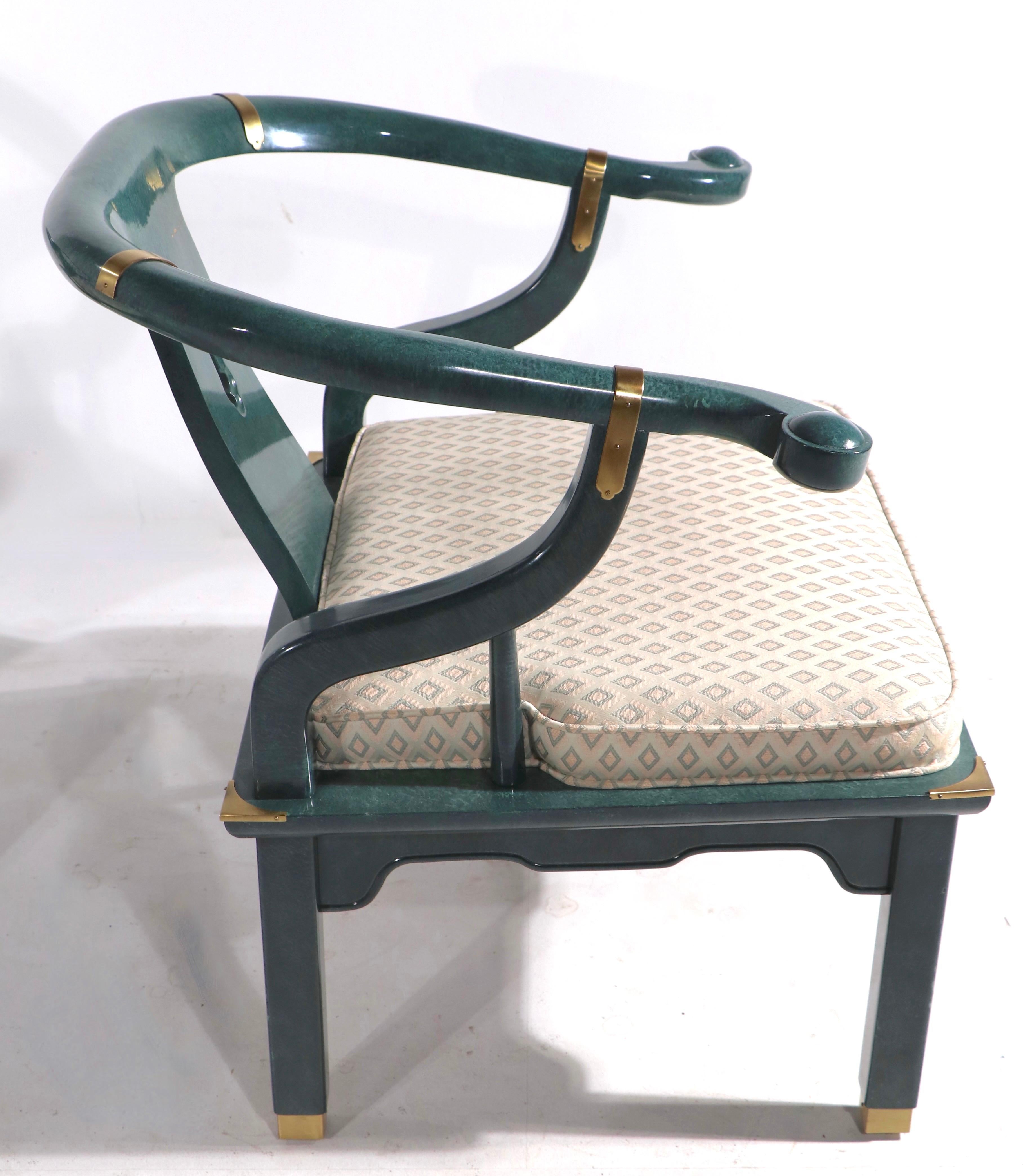 Brass Pr. Chinese Modern Ox Bow Chairs in Faux Jade Finish by Century Furniture For Sale
