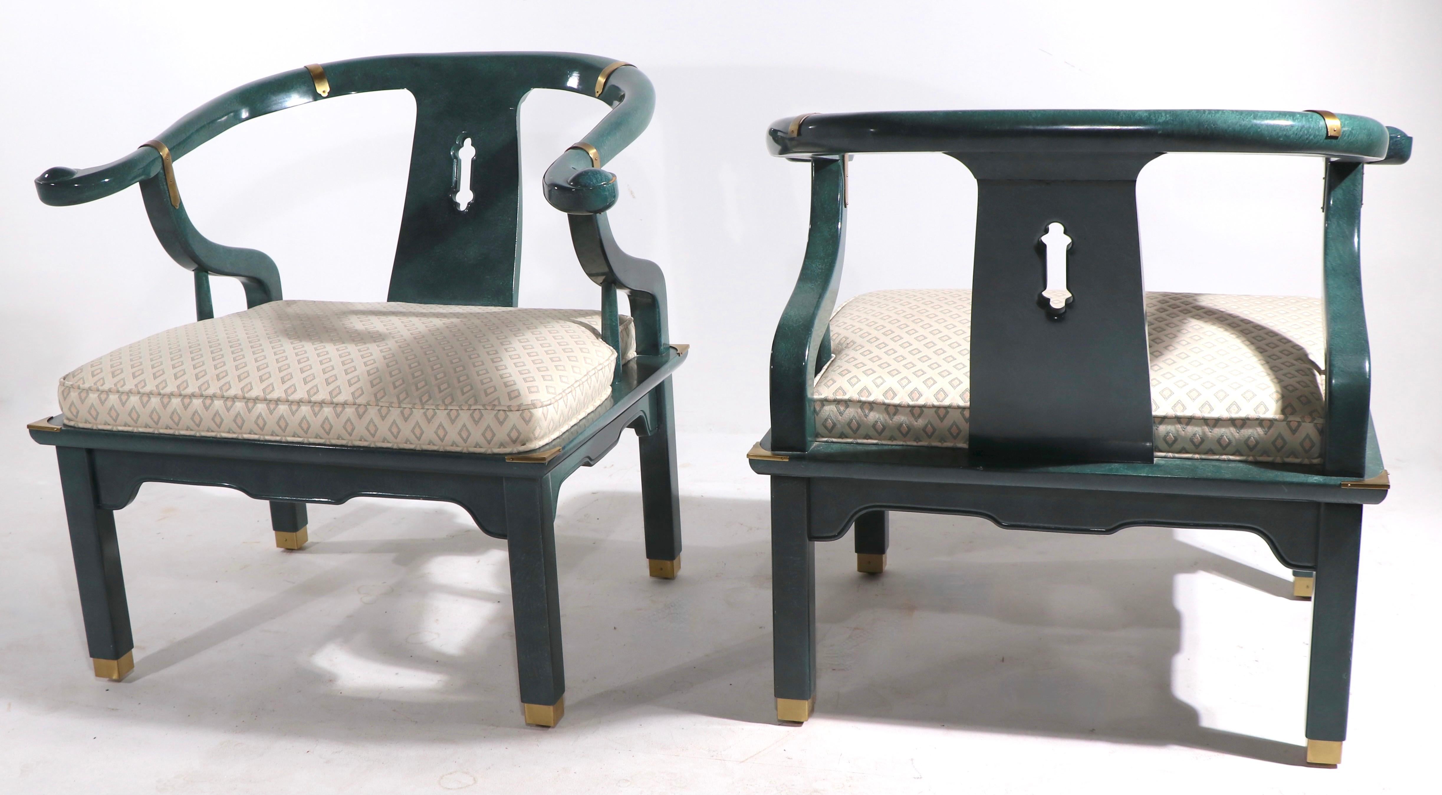 Pr. Chinese Modern Ox Bow Chairs in Faux Jade Finish by Century Furniture For Sale 1
