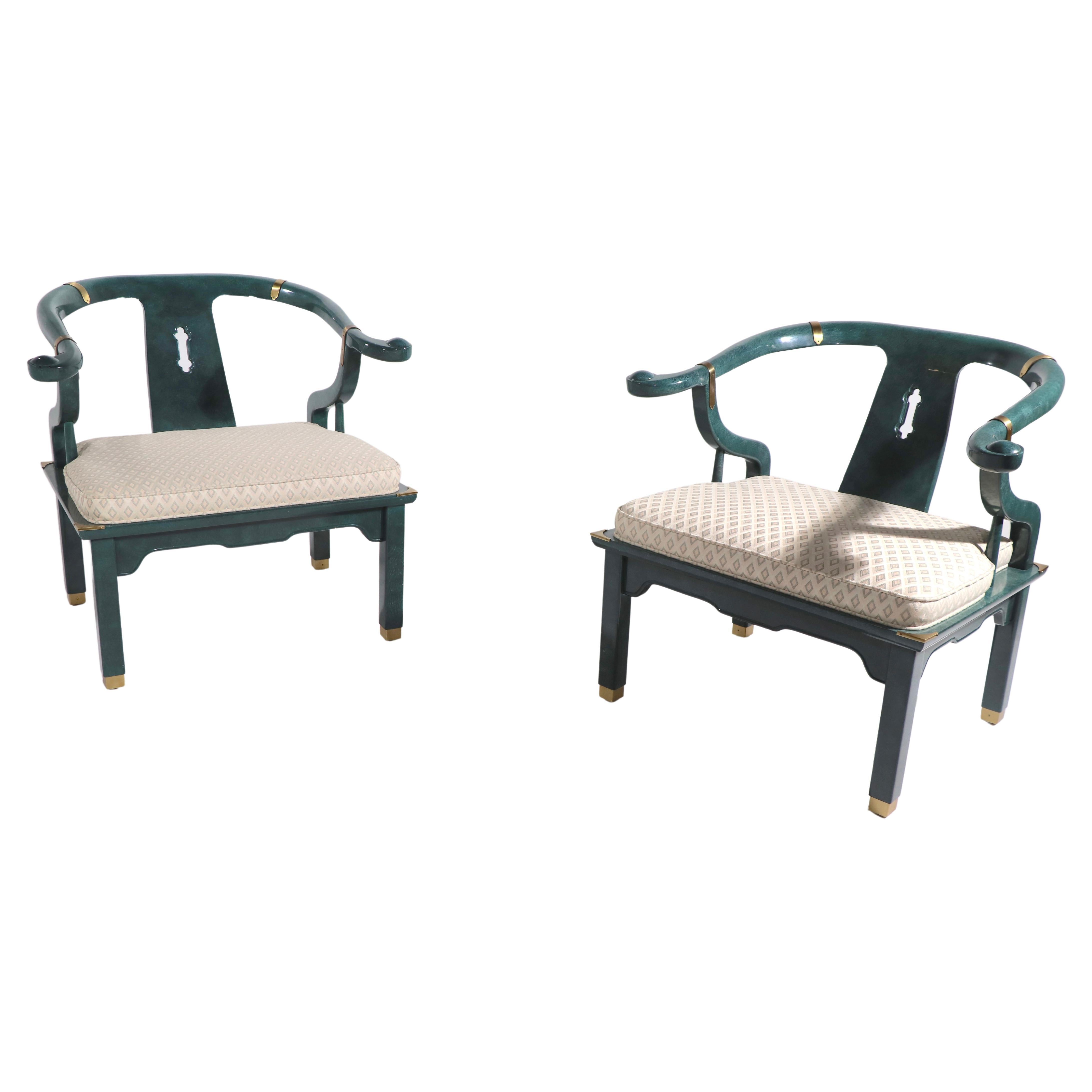 Pr. Chinese Modern Ox Bow Chairs in Faux Jade Finish by Century Furniture