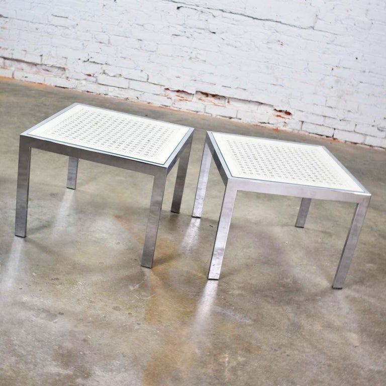 Pr Chrome and White Cane Square Side Tables Glass Top MidCentury