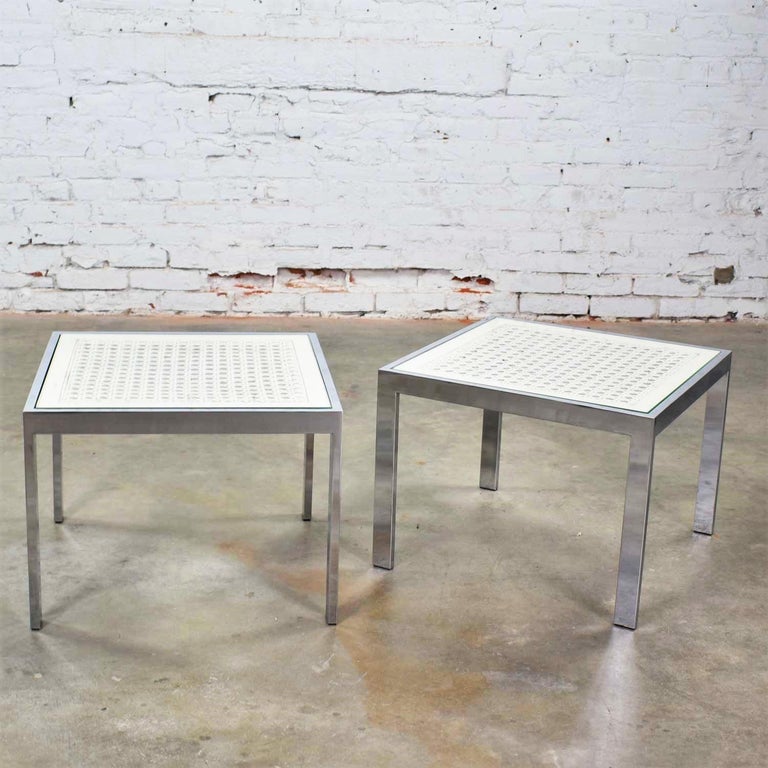 Pr Chrome and White Cane Square Side Tables Glass Top MidCentury