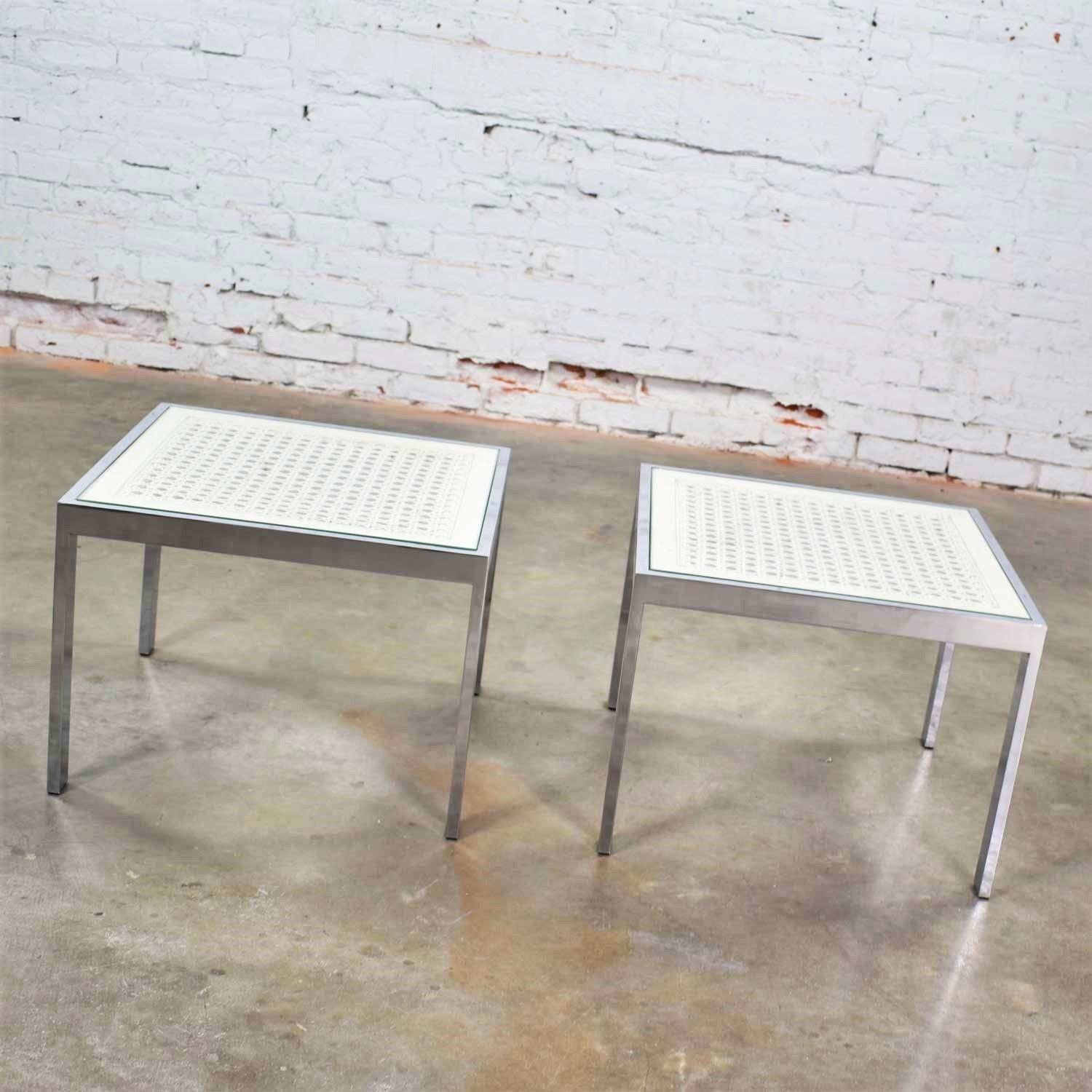 Painted Pr Chrome & White Cane Square Side Tables Glass Top Mid-Century Modern to Modern For Sale